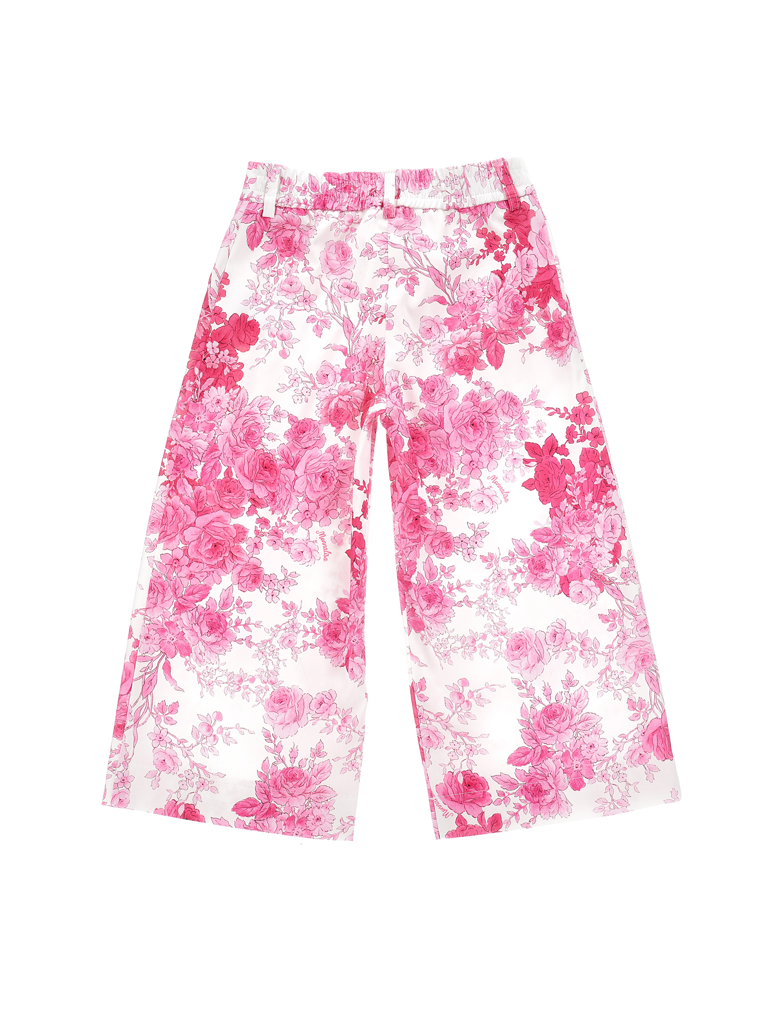 Monnalisa Arabesque Pattern Cotton Satin Trousers In Cream + Magenta