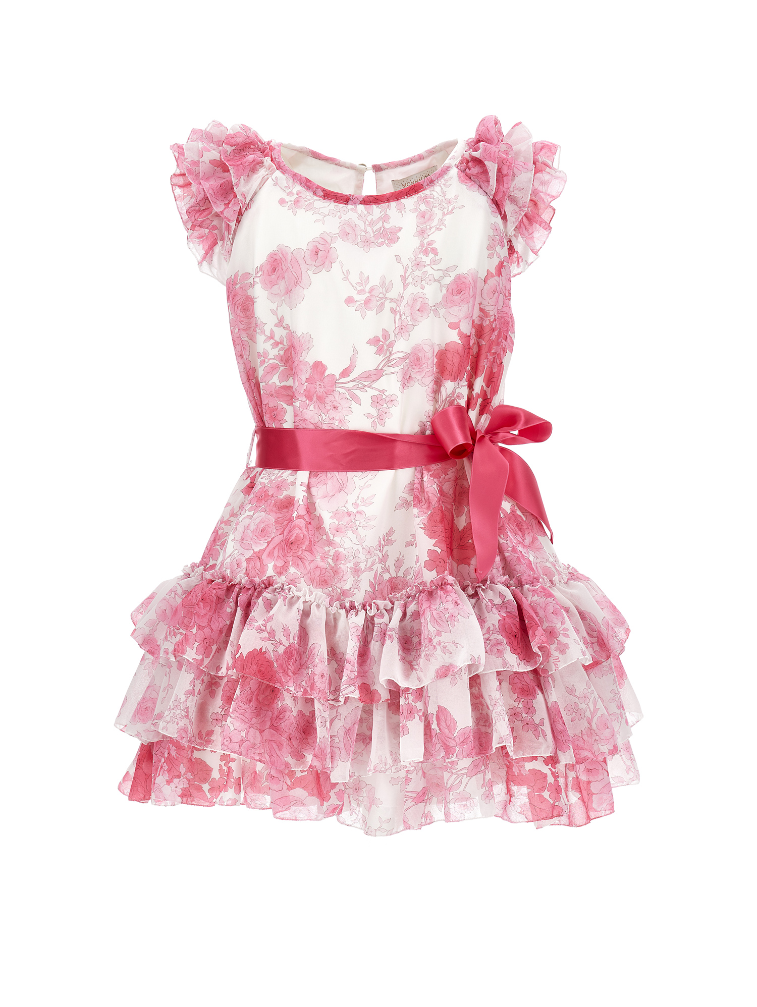 Monnalisa Low-waisted Tulle Dress In Cream + Magenta