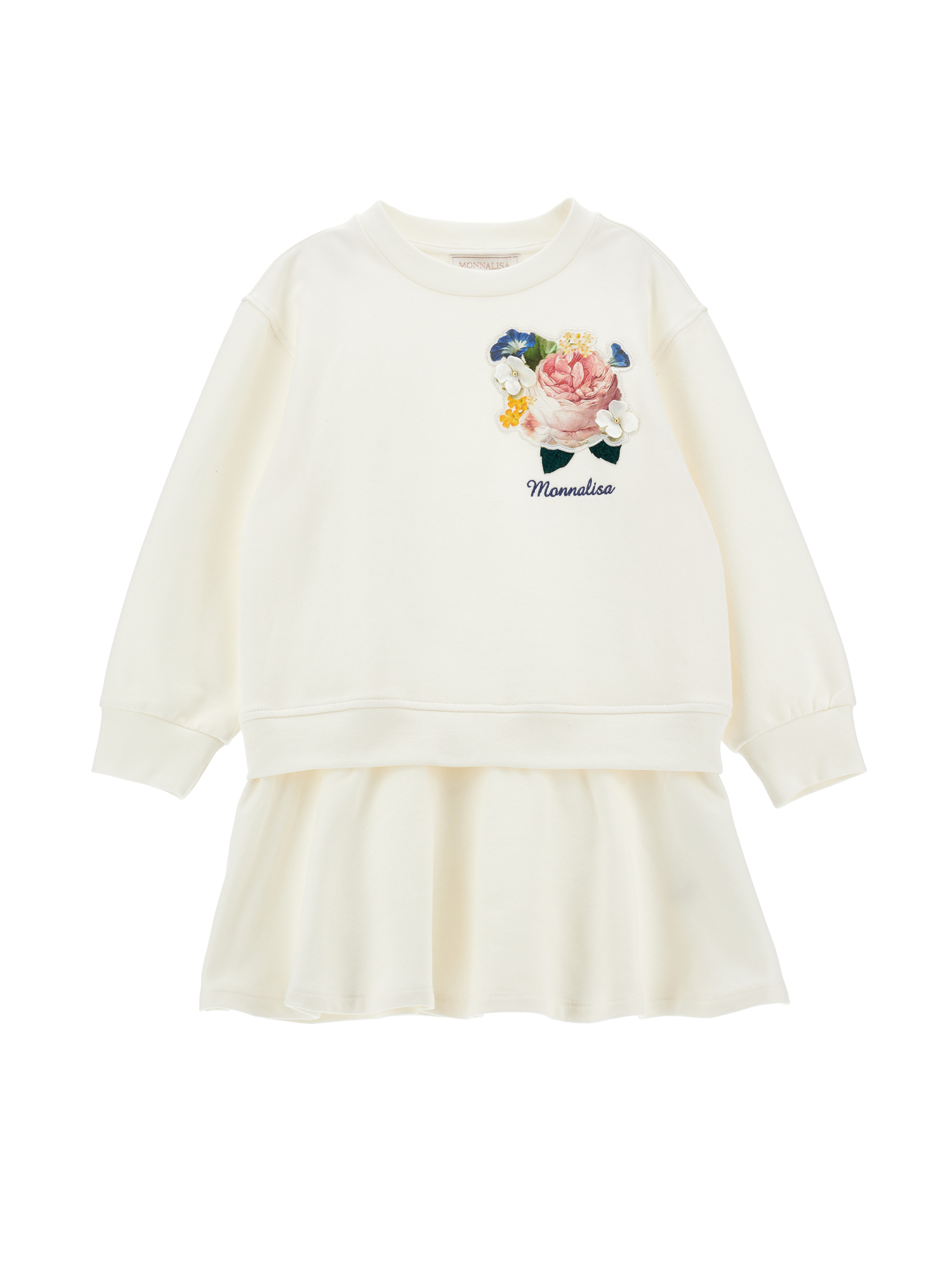 Monnalisa Rose-embroidered Layered Dress In Cream
