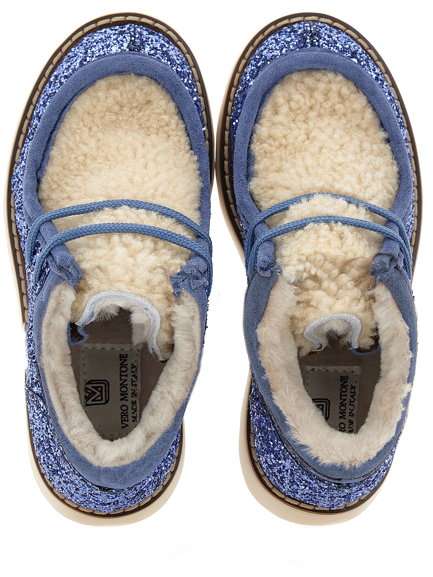 Monnalisa Sheepskin Rhinestone Lace-up Shoes In Blue