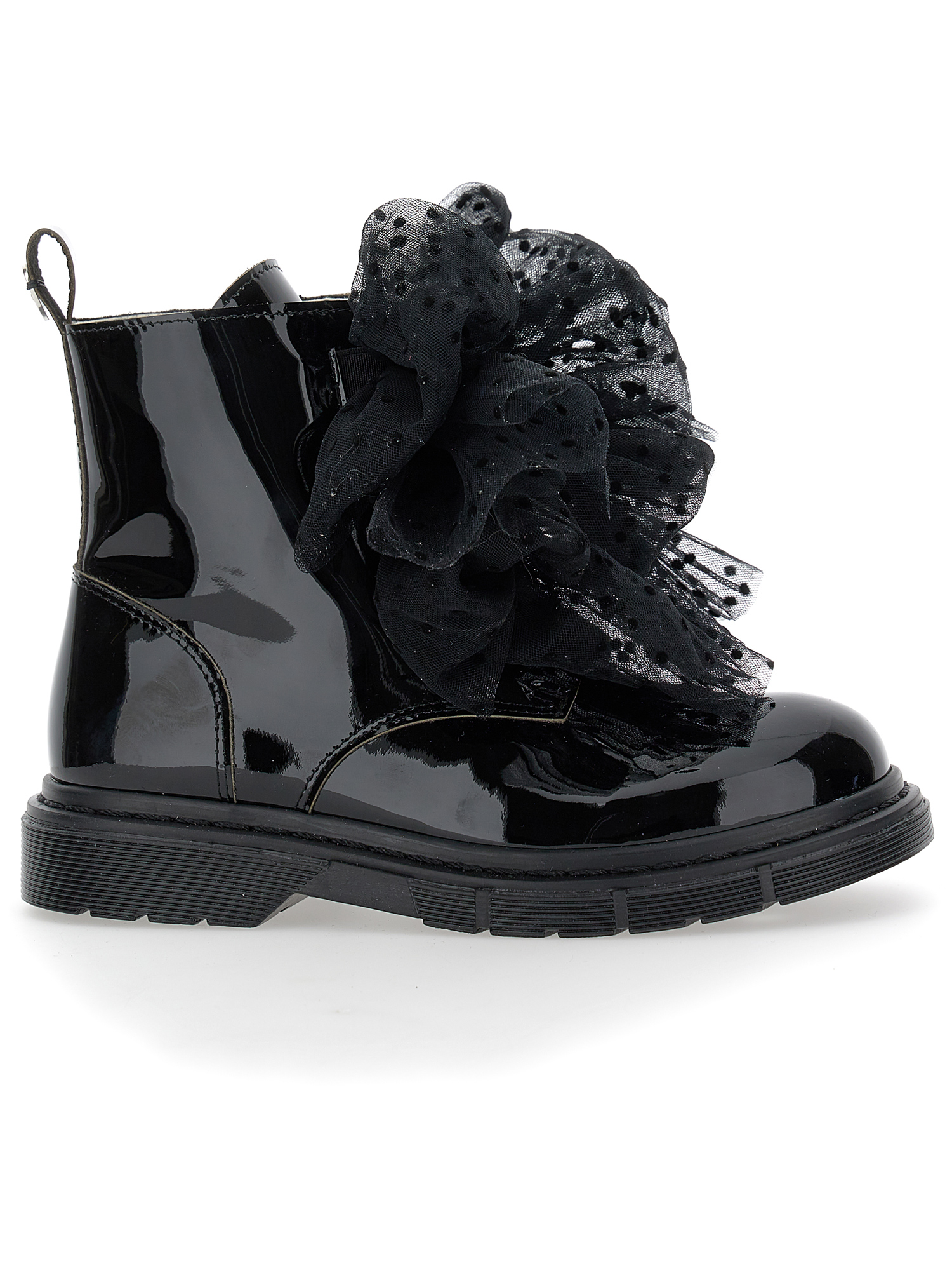 Monnalisa Sheepskin And Leather Combat Boots With Bows In Black
