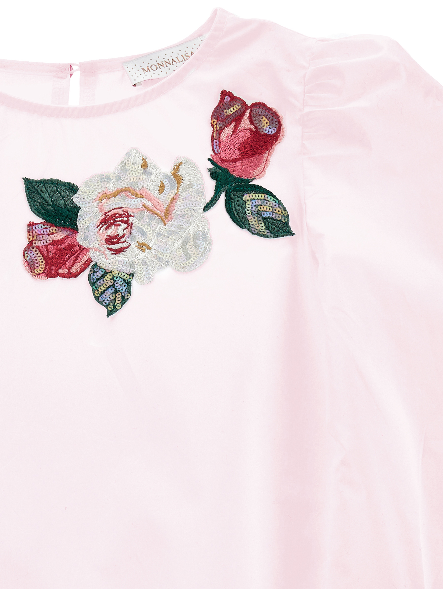 Monnalisa Poplin Blouse With Embroidered Roses In Onion Couture