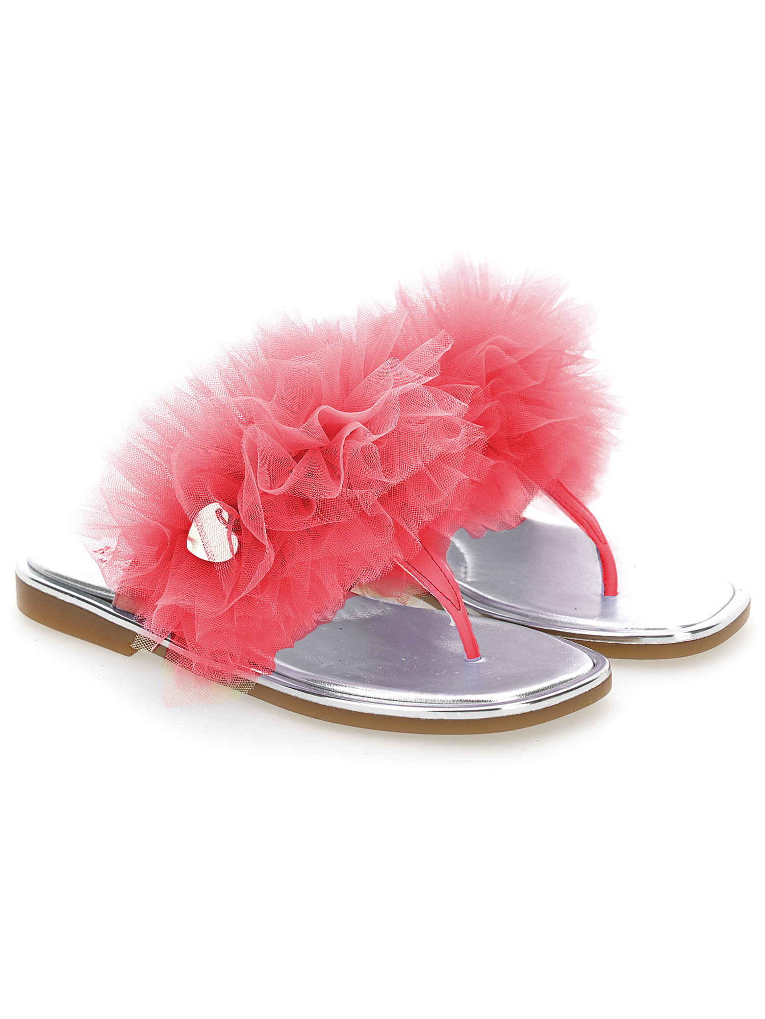 Monnalisa Nappa Leather Thong Sandals With Tulle Ruffle In Fuchsia