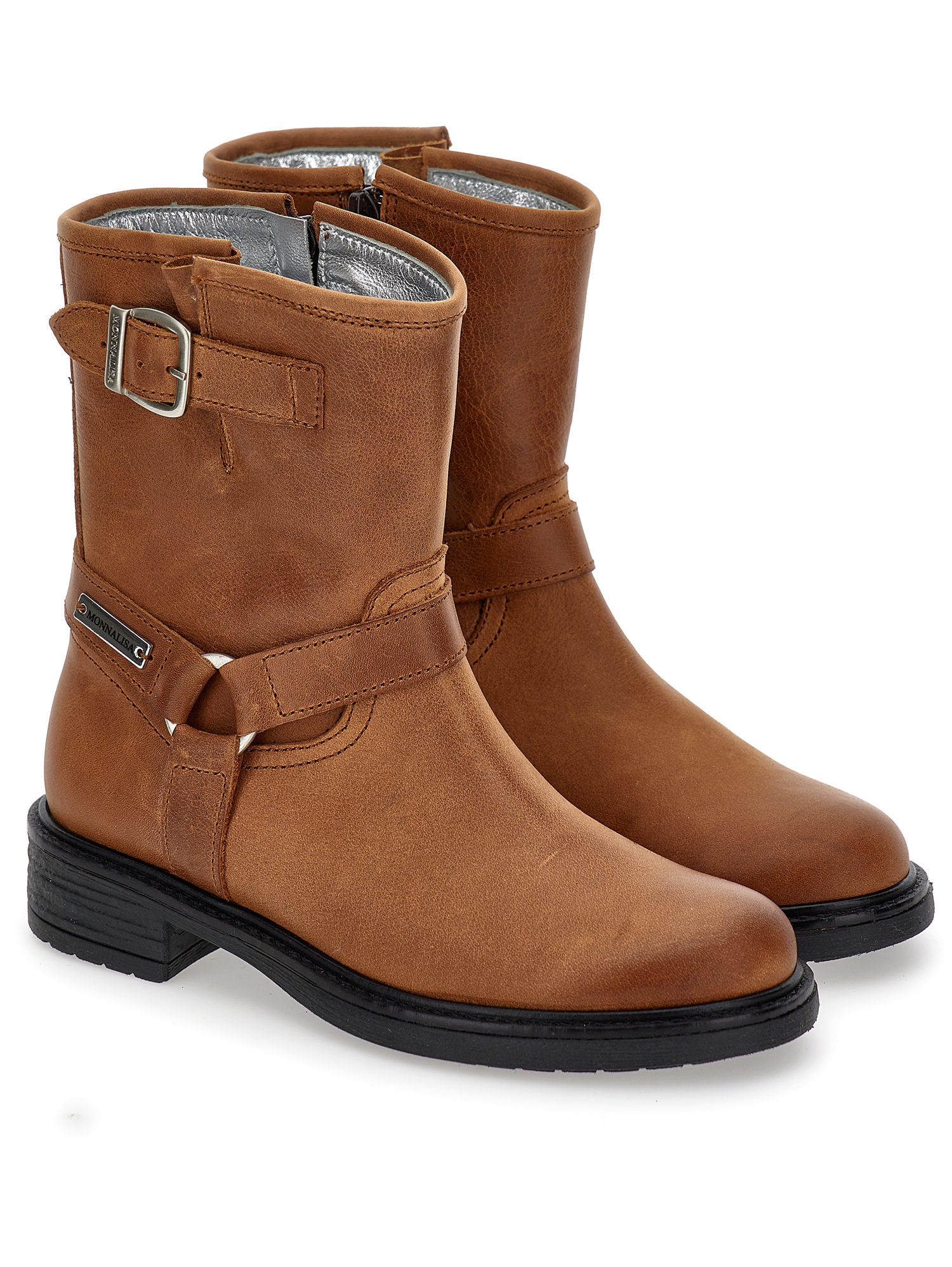 Monnalisa Leather Boots With Buckles In Caramel