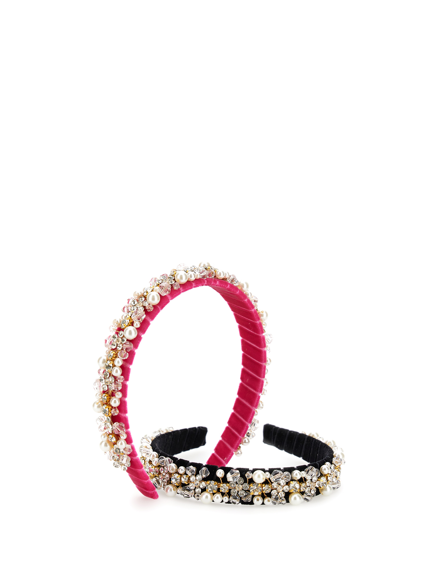 Shop Monnalisa Velvet Headband With Rhinestones And Pearls In Fuchsia