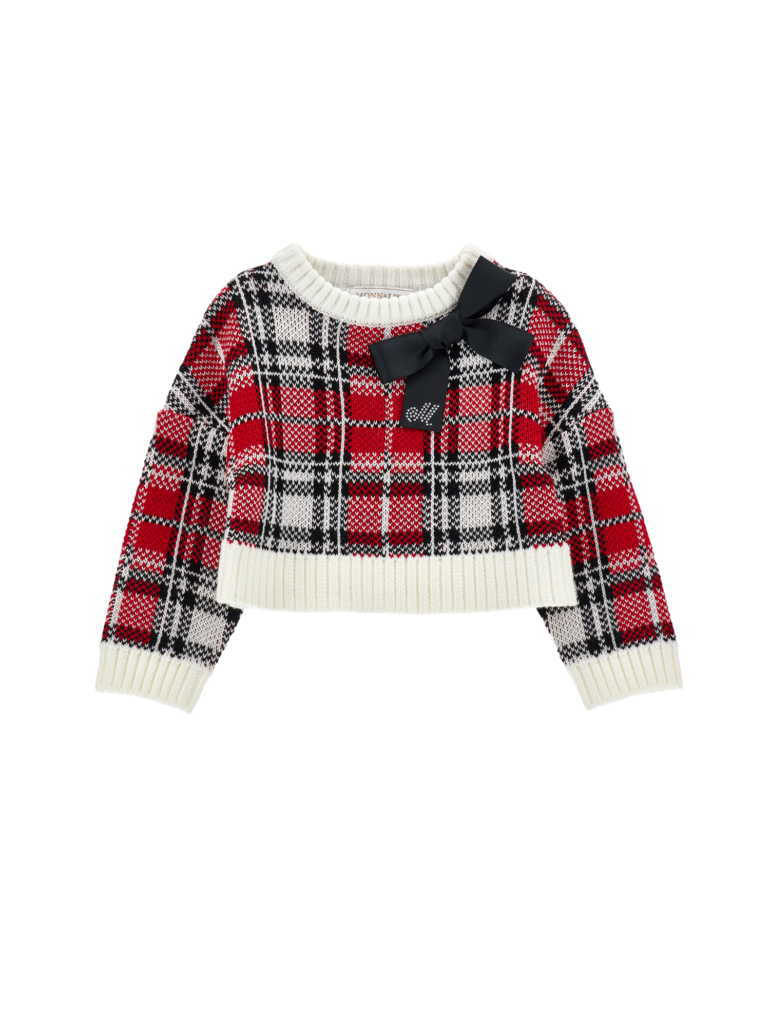 Monnalisa Tartan Wool Blend Sweater In Red + Cream