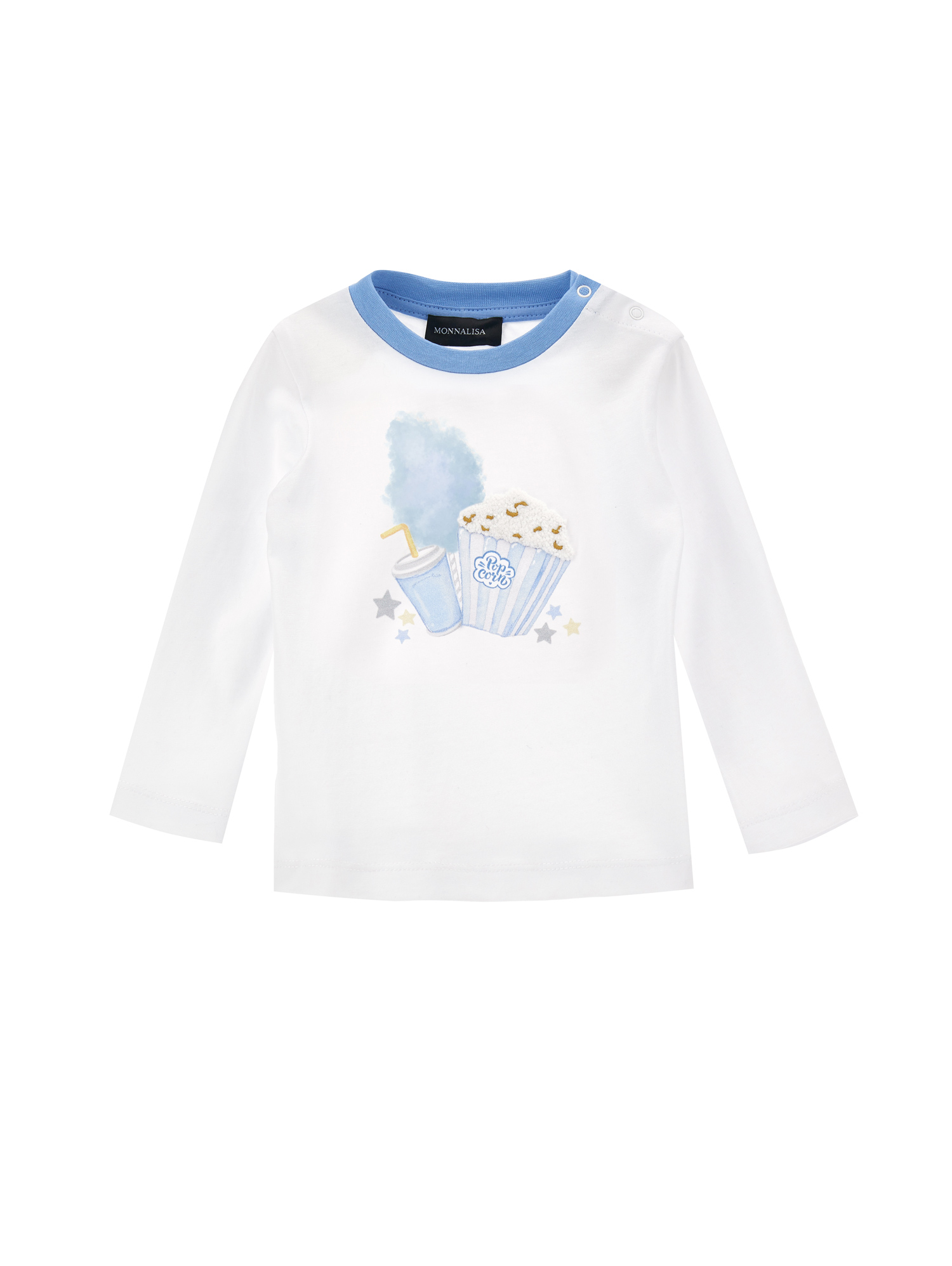 Monnalisa Long-sleeved Pop Print T-shirt In Cream + Light Blue