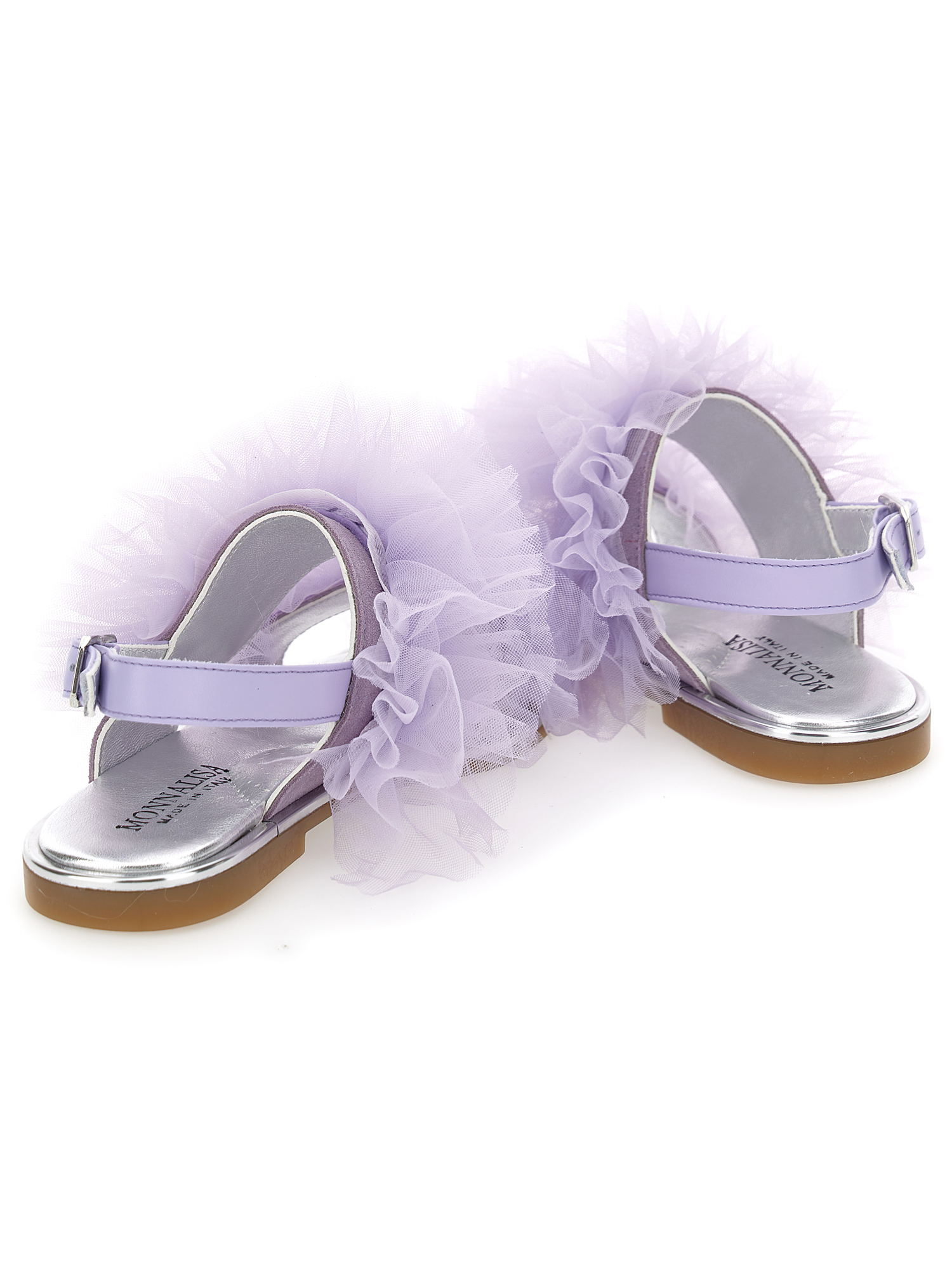 Shop Monnalisa Nappa Leather Sandals With Tulle Ruffles In Wisteria