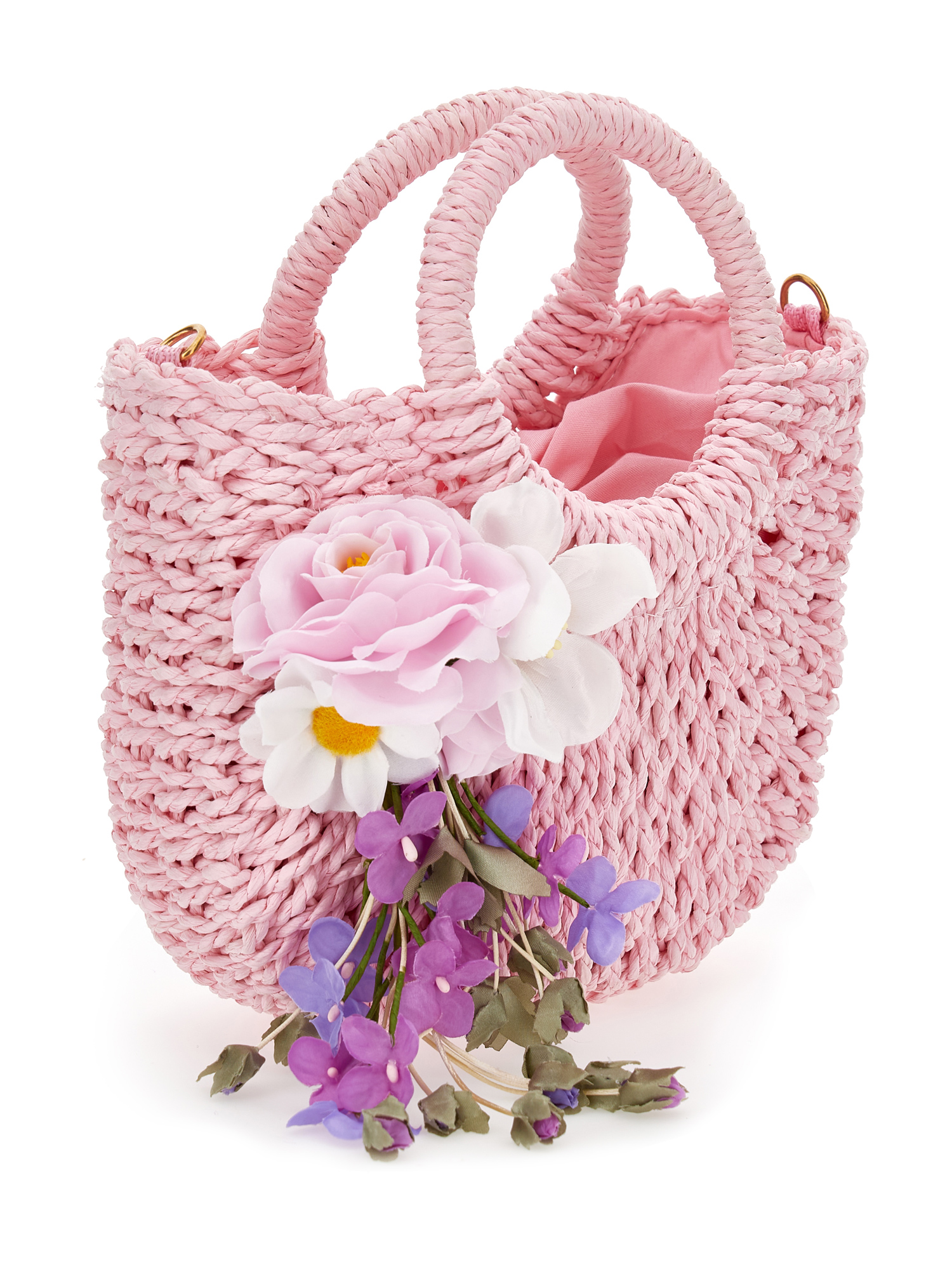 Shop Monnalisa Raffia Bag With Flower Appliqué In Rosa Fairy Tale