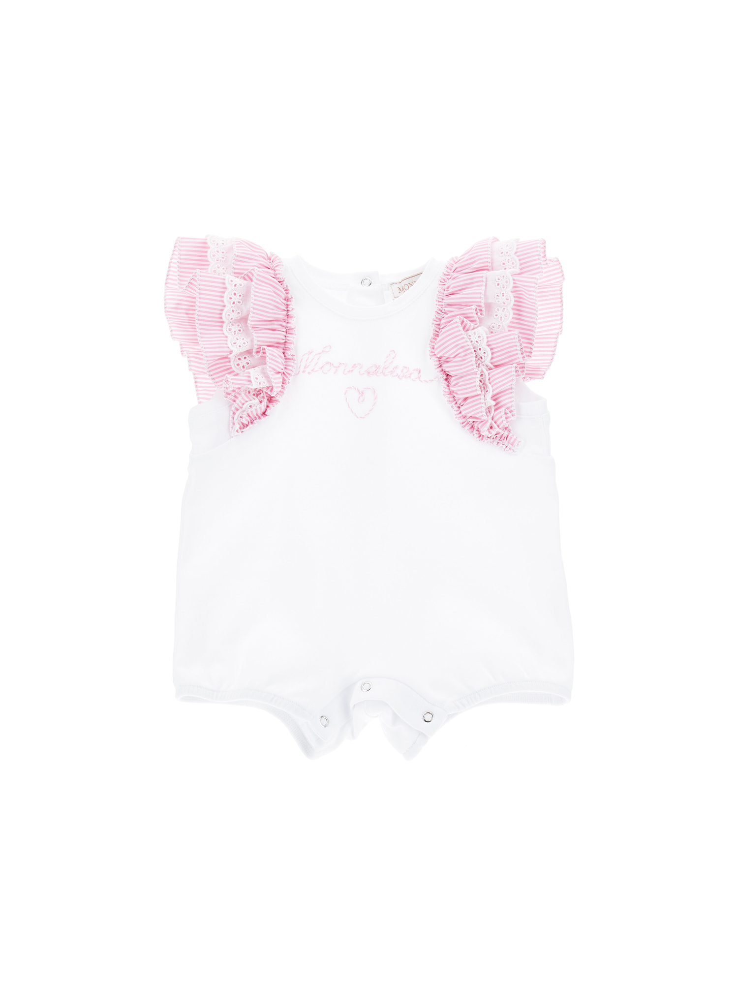 Monnalisa Romper With Logoed Ruffles In White + Rosa Fairytale
