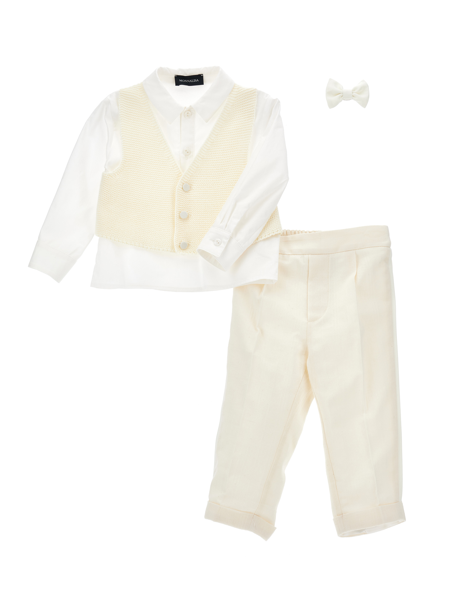 Monnalisa Elegant Knitted Waistcoat Suit In Ecru + Cream