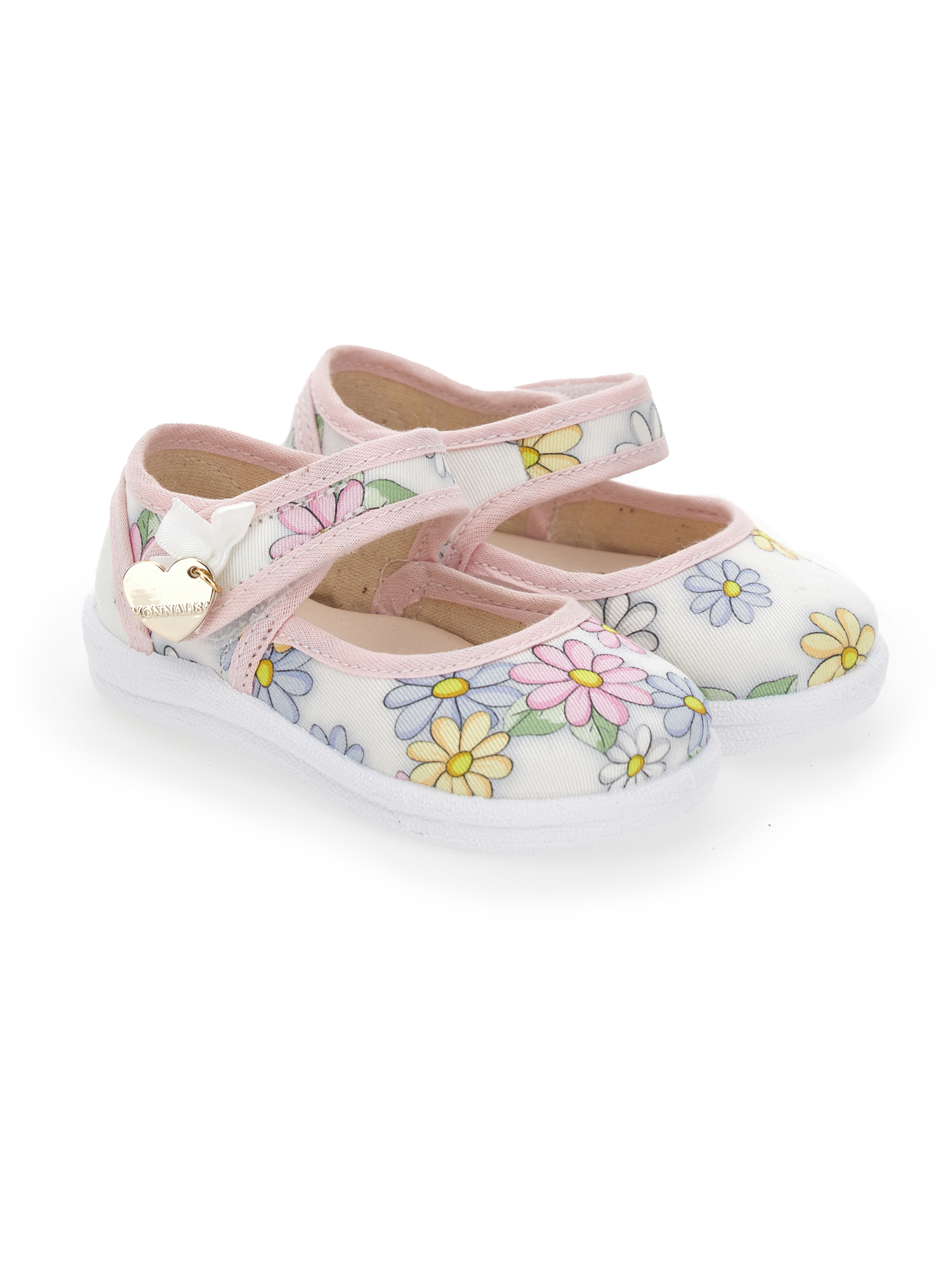 Monnalisa Daisy Print Canvas Ballerinas In White + Rosa Fairytale