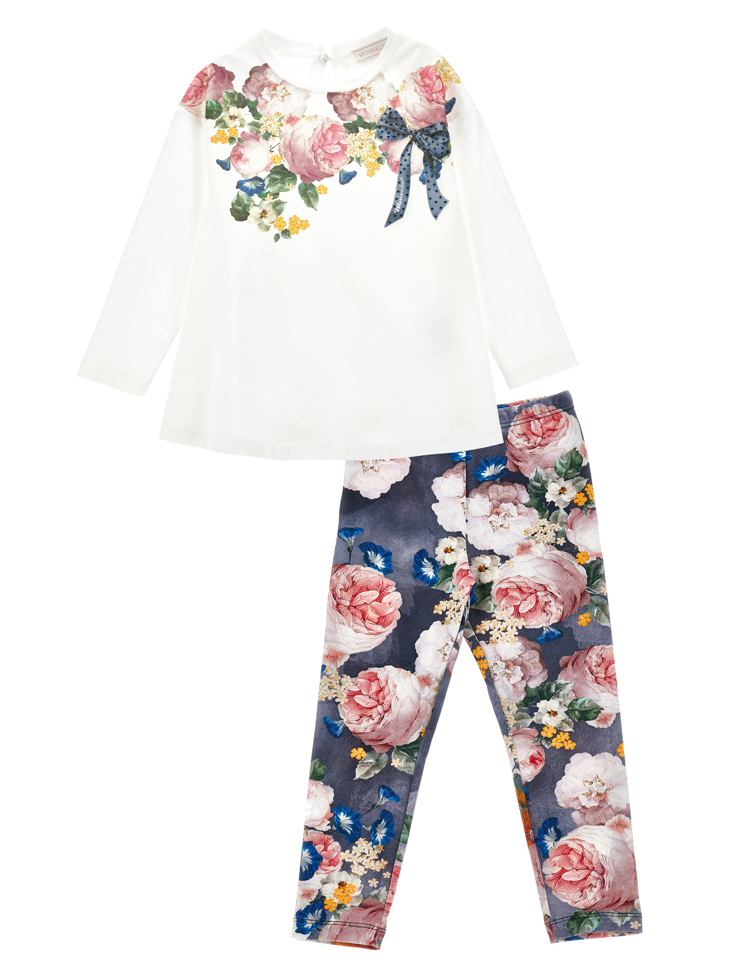 Monnalisa Floral-print Cotton Trouser Set In Cream + Navy Blue