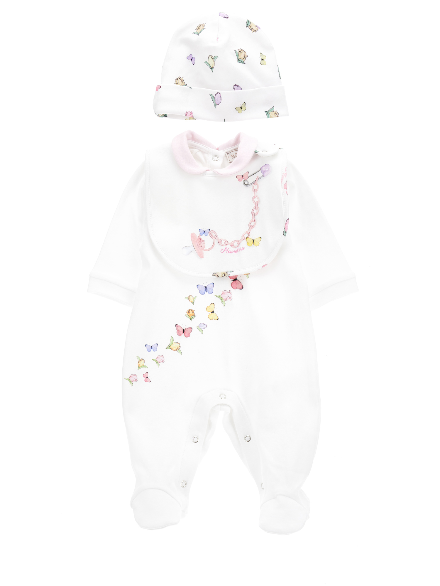 Monnalisa Three-piece Cotton Baby Girl Set In White