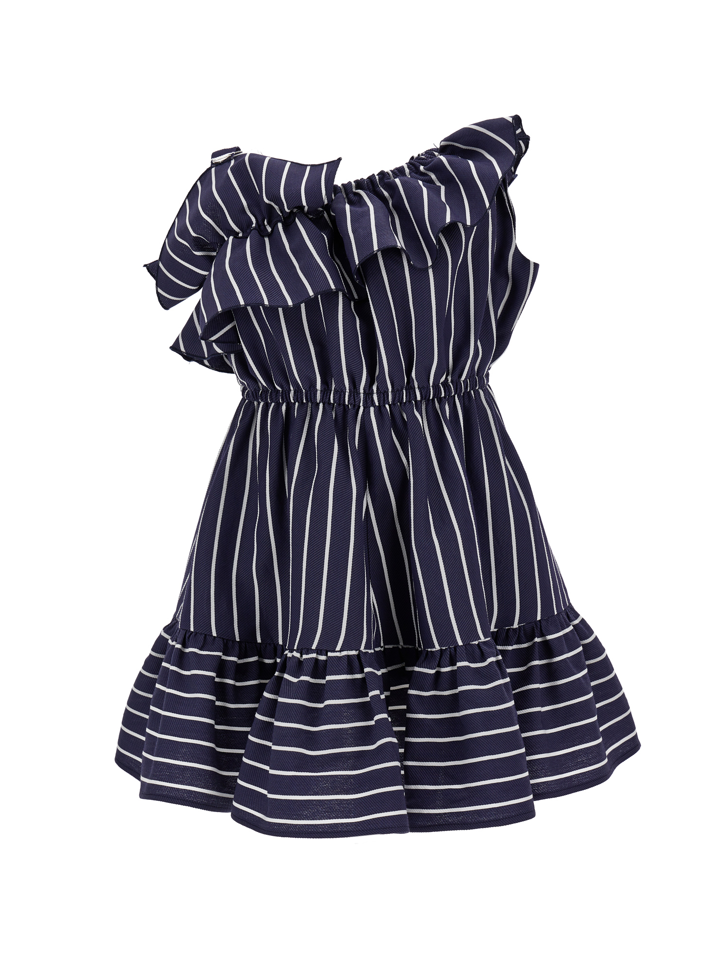 Shop Monnalisa One-shoulder Dress With Alternate Stripes In Blue + White