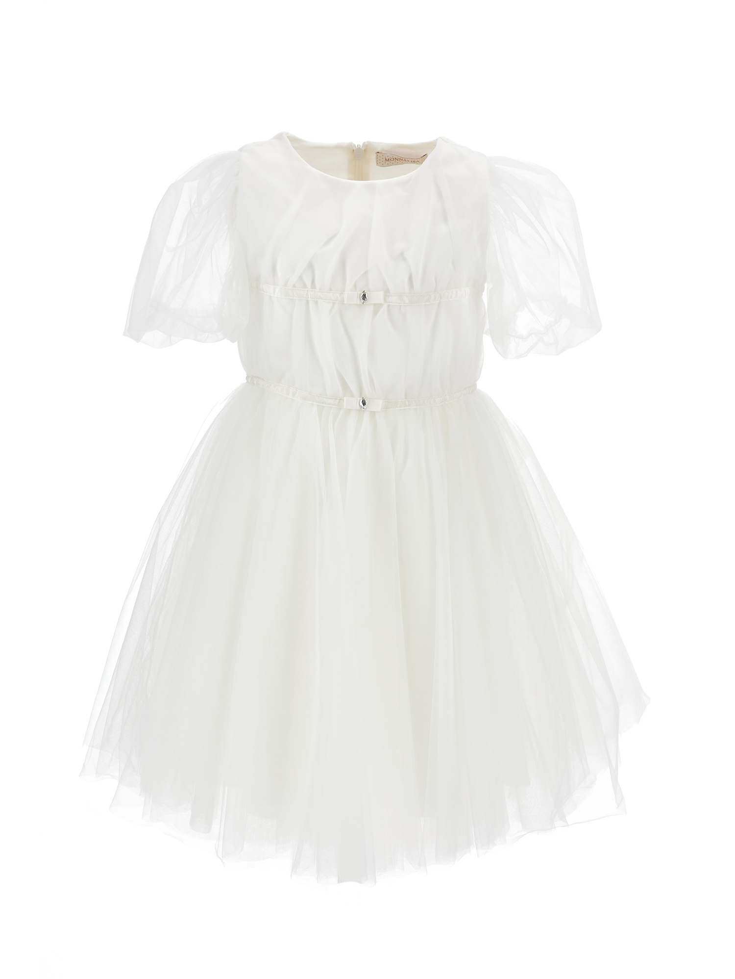 Monnalisa Silk-touch Tulle Dress With Ribbons In Light Cream