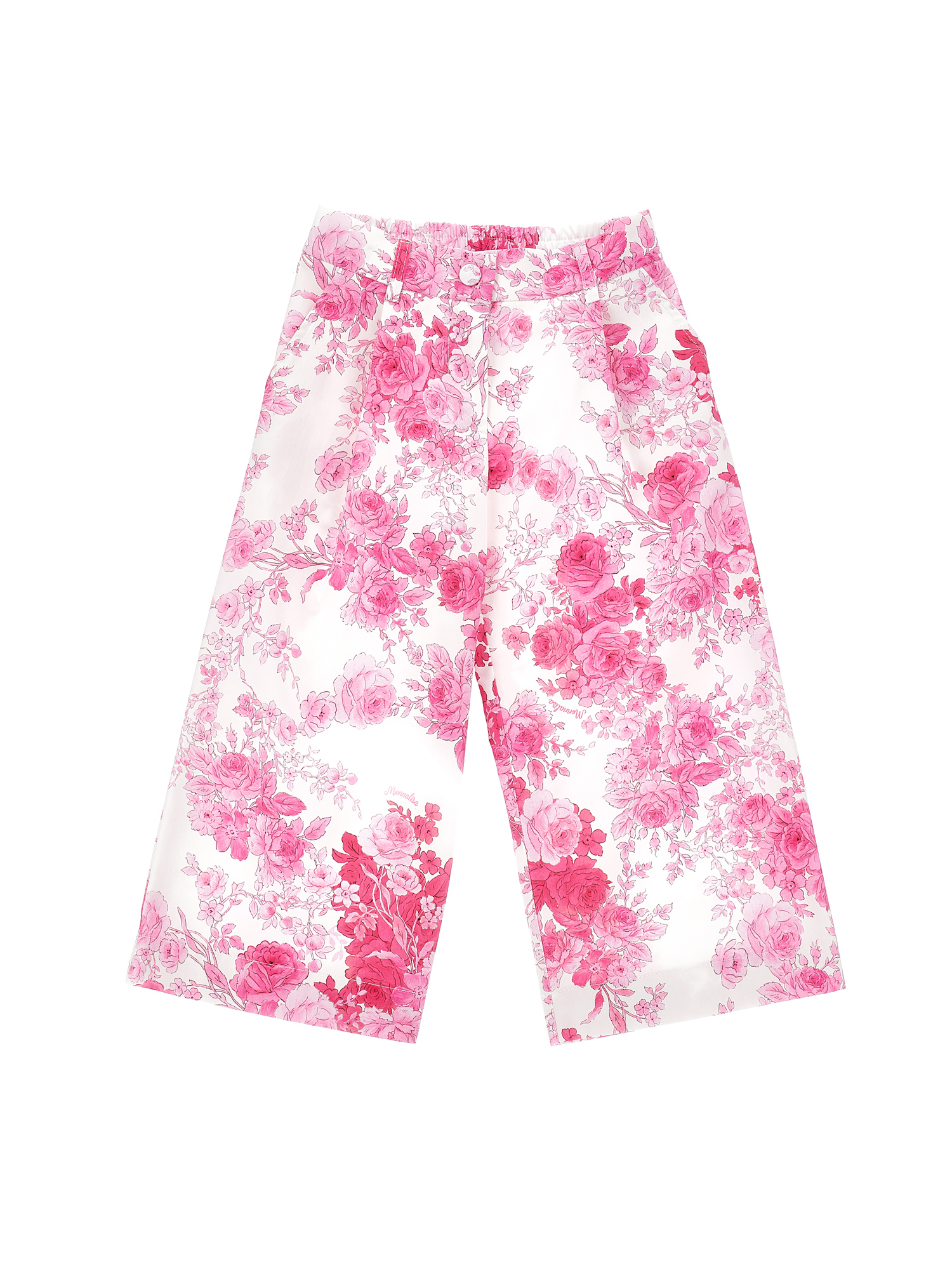 Monnalisa Arabesque Pattern Cotton Satin Trousers In Cream + Magenta