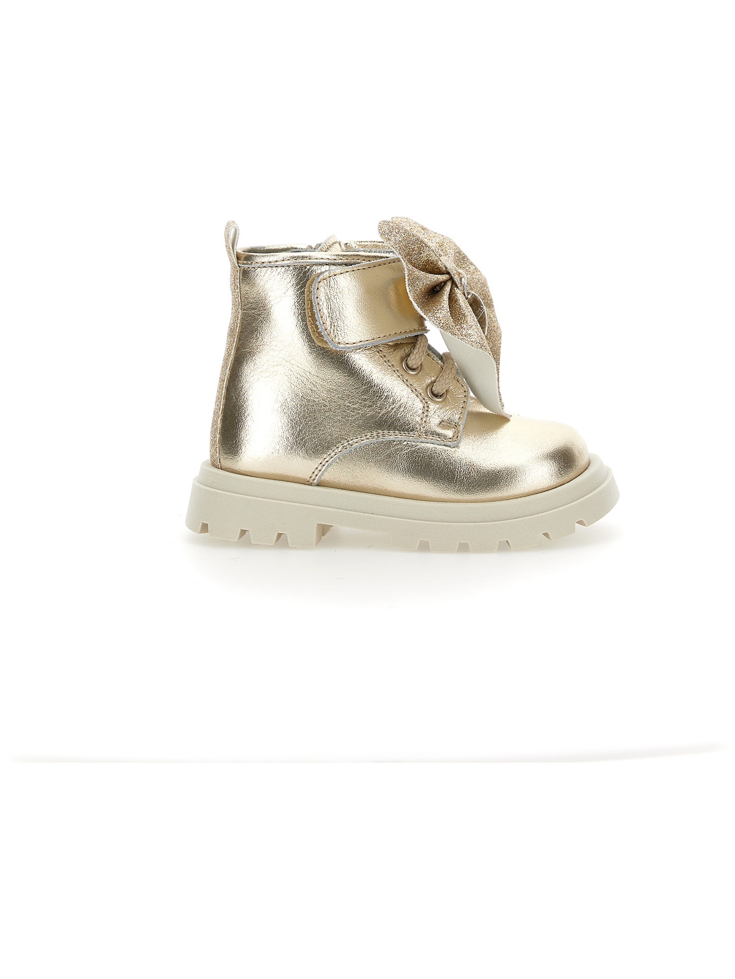 Monnalisa Leather Boots With Glitter Bow In Light Gold