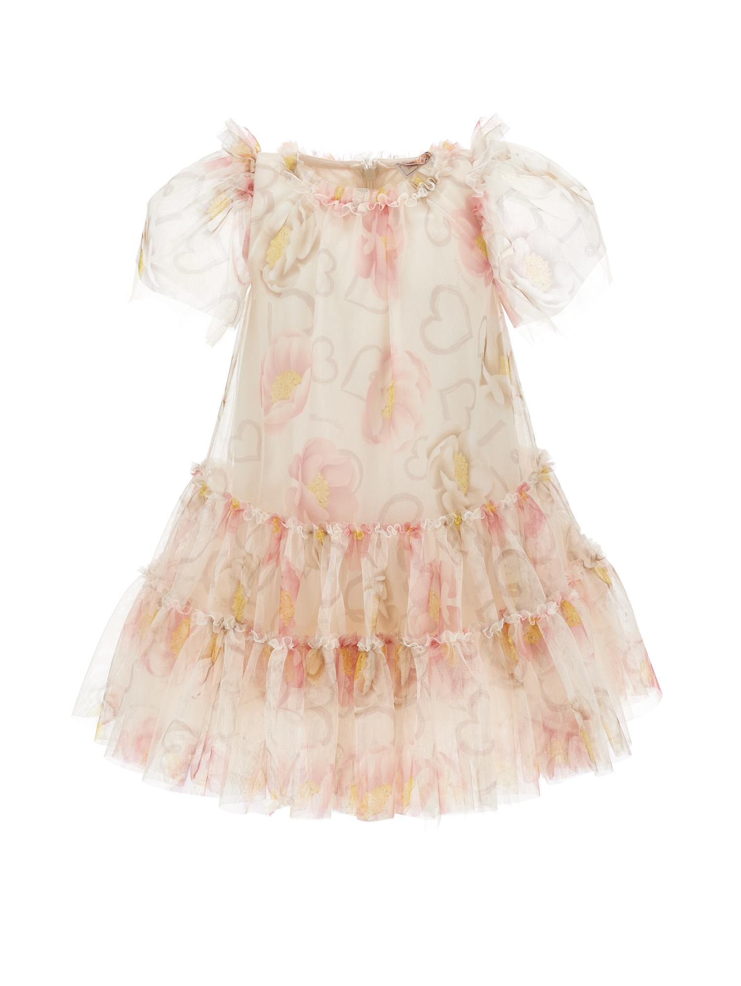 Monnalisa Anemone Print Tulle Dress In Ecru