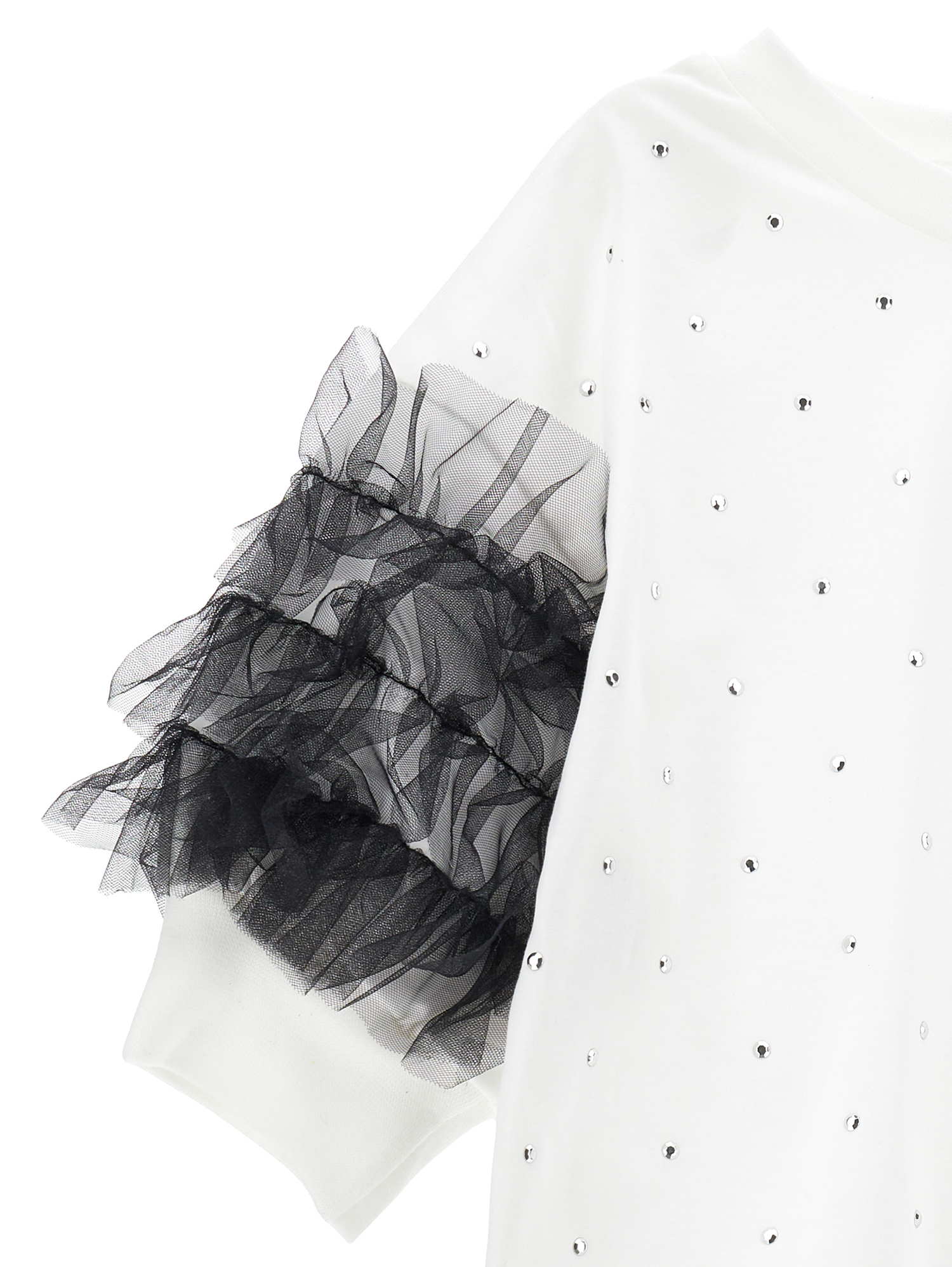 Monnalisa Rhinestone And Tulle Jersey Top In Cream + Black