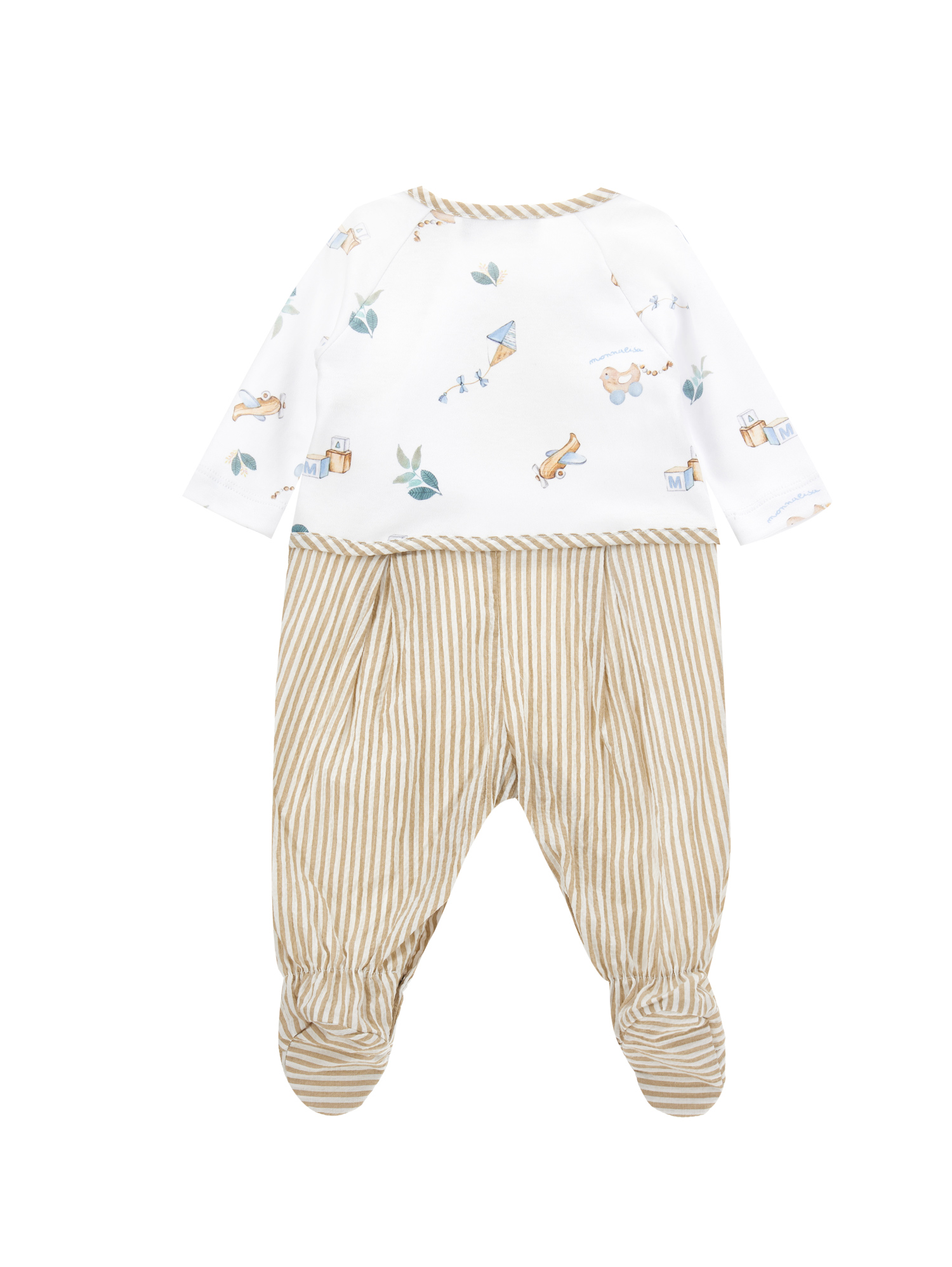 Monnalisa Cotton Playsuit With Striped Fabric In White + Ecru