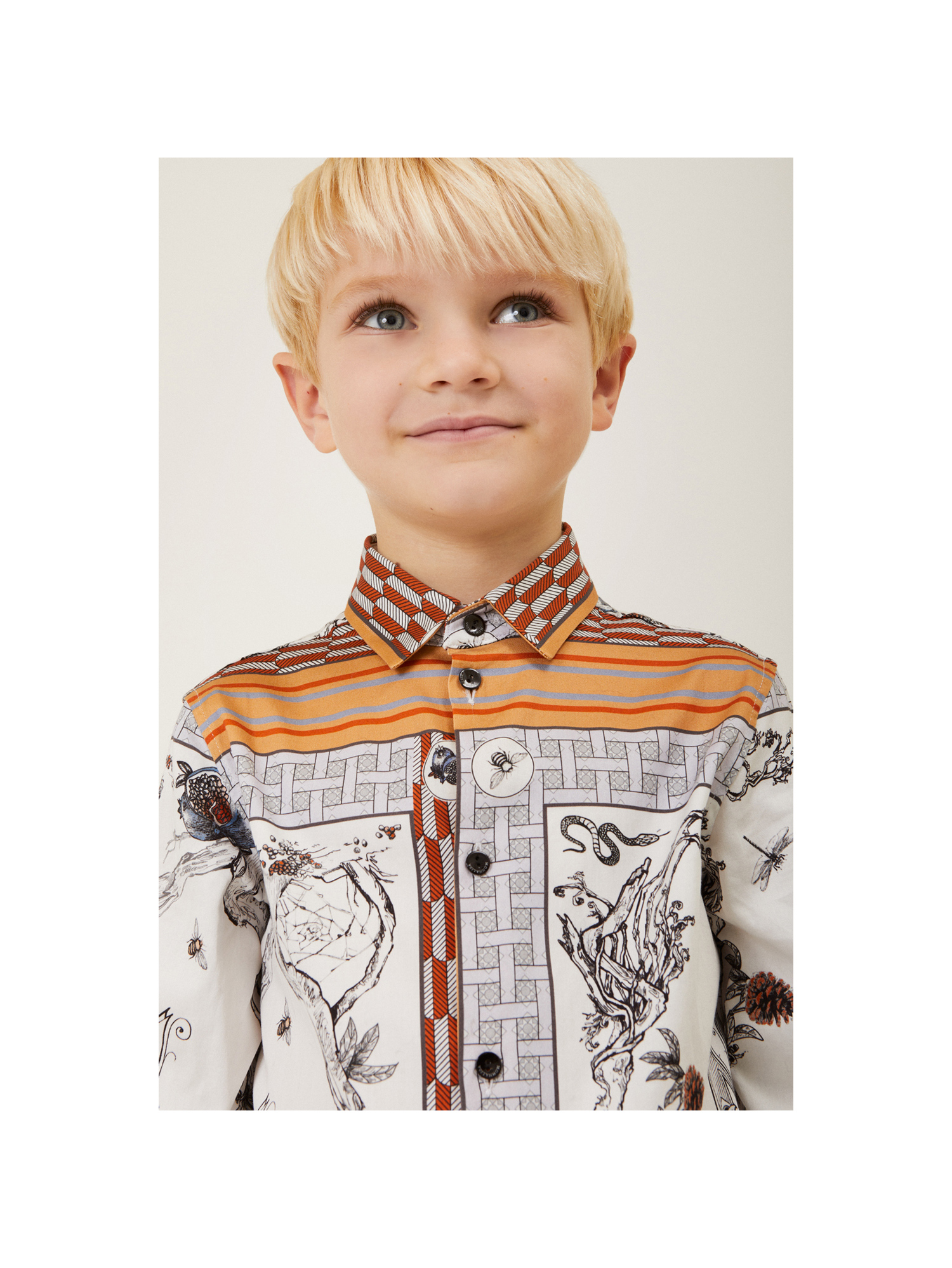 Monnalisa Printed Satin Shirt In Cream + Grey