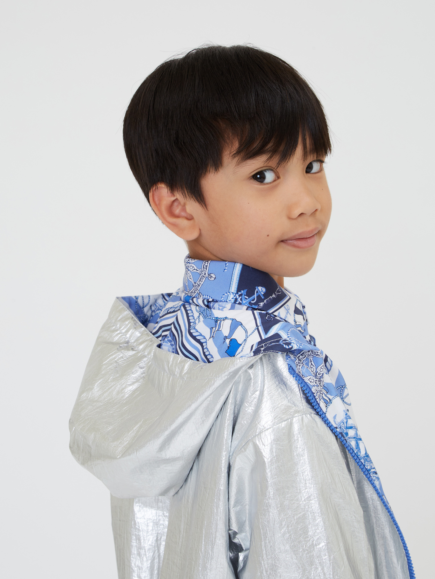 Monnalisa Laminated Technical Fabric Windproof Jacket In Silver + Blue