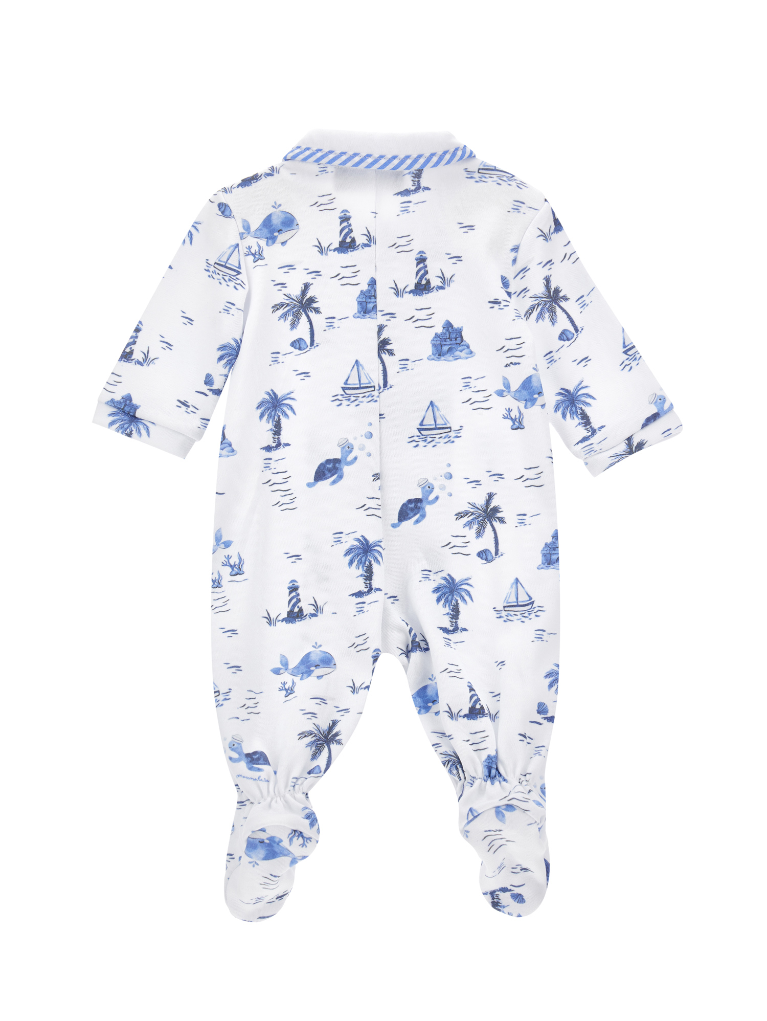 Monnalisa Cotton Playsuit With Marine Print In White + Blue