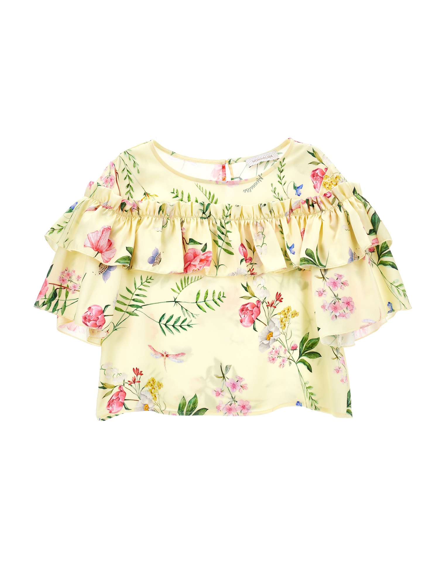 Monnalisa Botanical Print Satin Blouse In Light Yellow + Multicolour