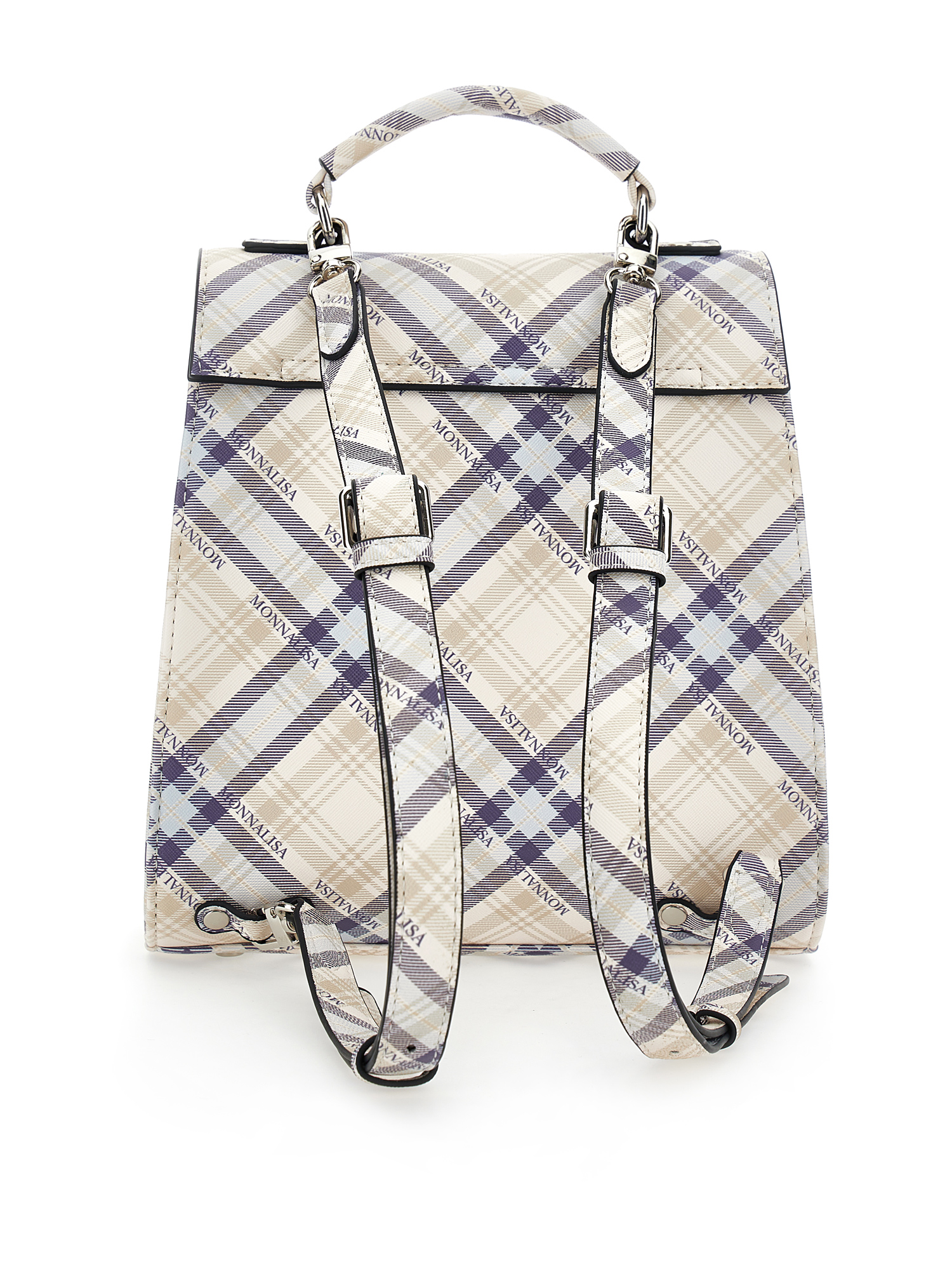 Monnalisa Tartan Fabric Backpack In Light Grey + Camel