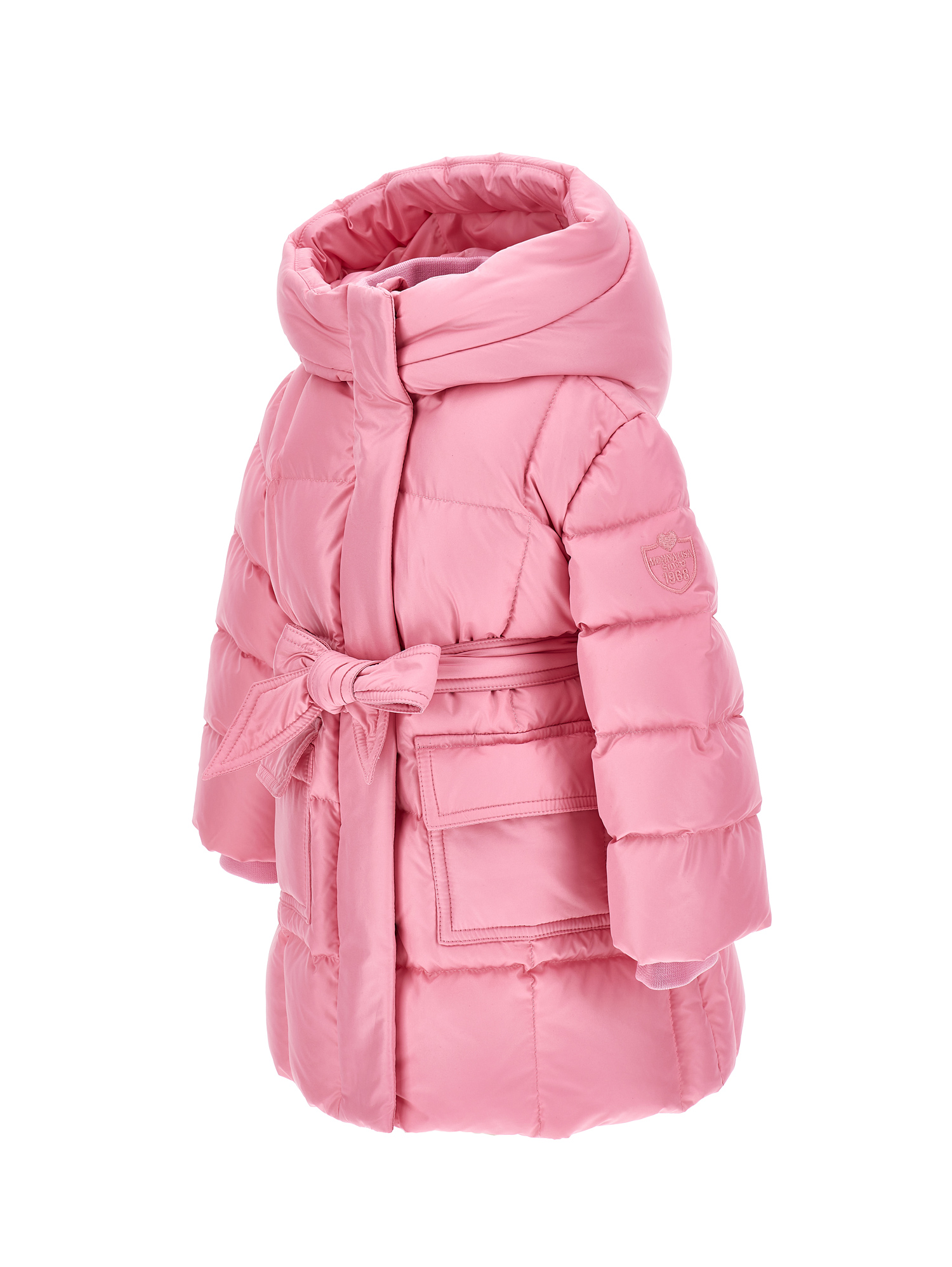 Monnalisa Goose Down Padded Jacket With Belt In Bright Peach Pink