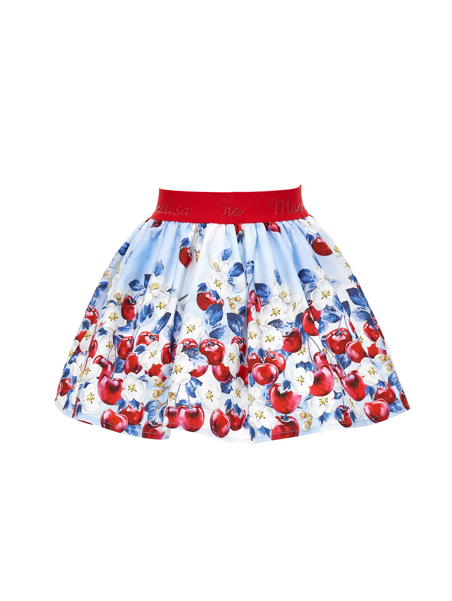 Shop Monnalisa Cherry Print Cotton Skirt In Sky Blue