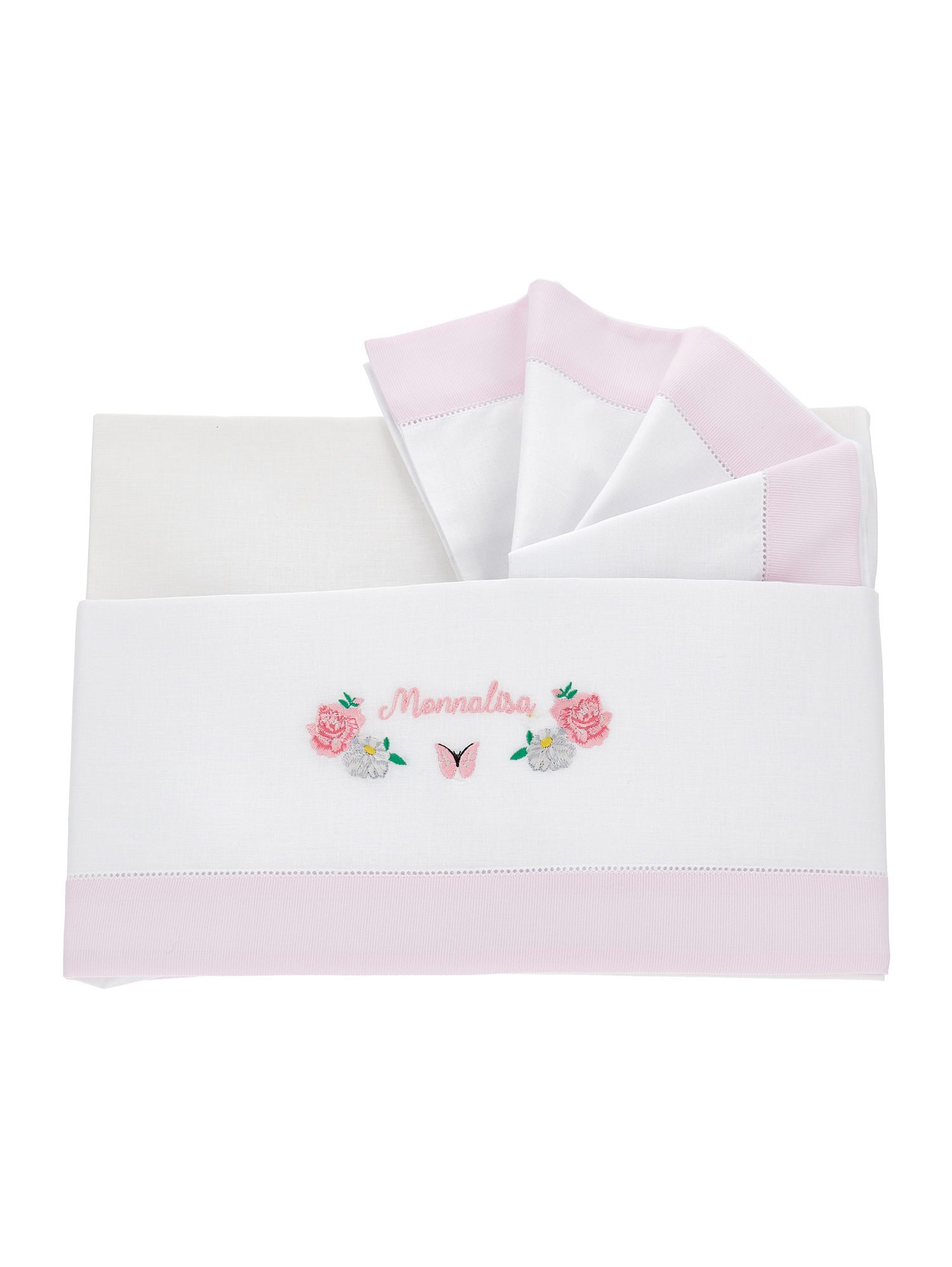 Monnalisa Babies'   Embroidered Sheet Set In White + Rosa Fairytale