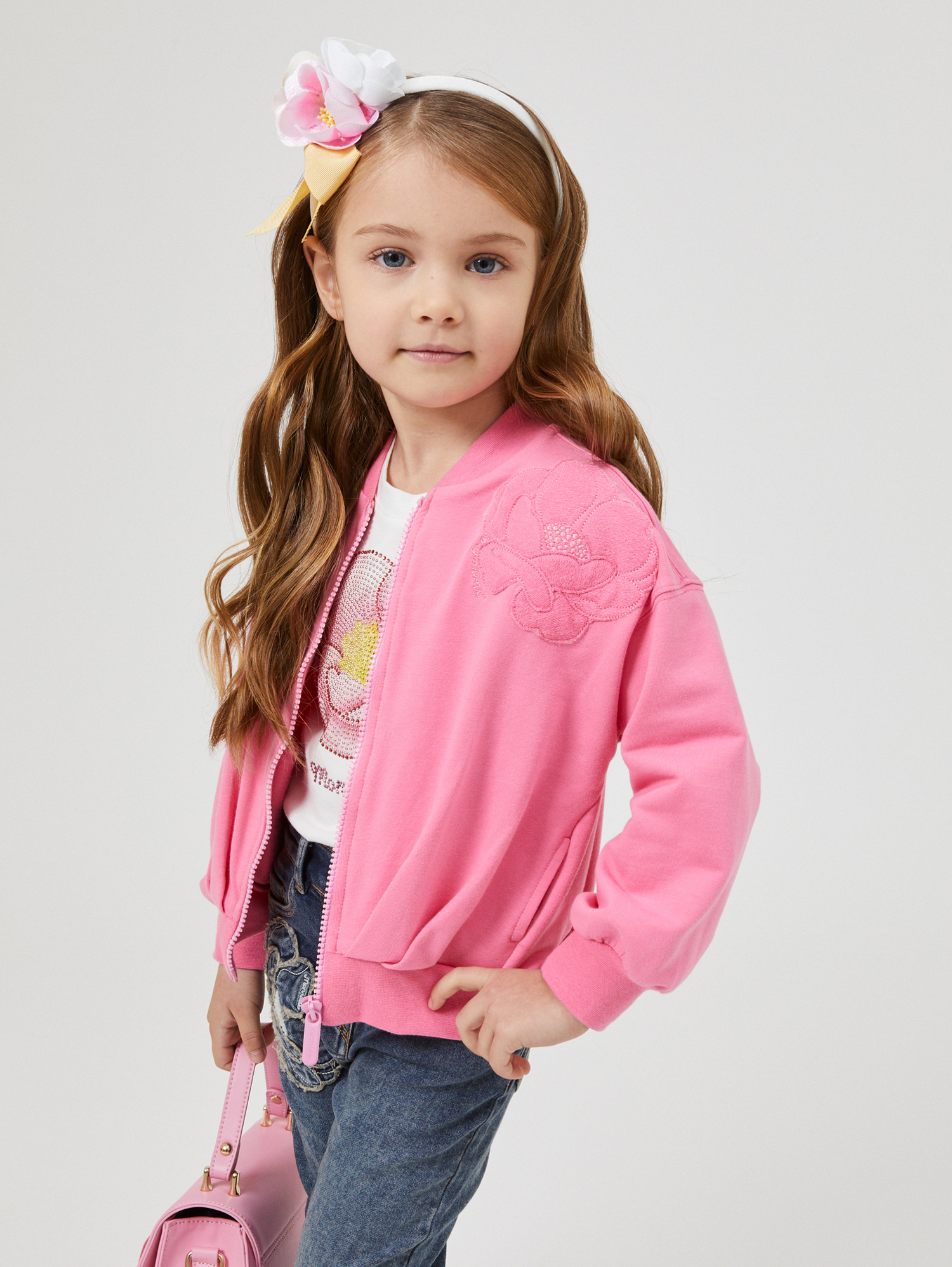 Monnalisa Zip-up Sweatshirt With Anemone Embroidery In Azalea