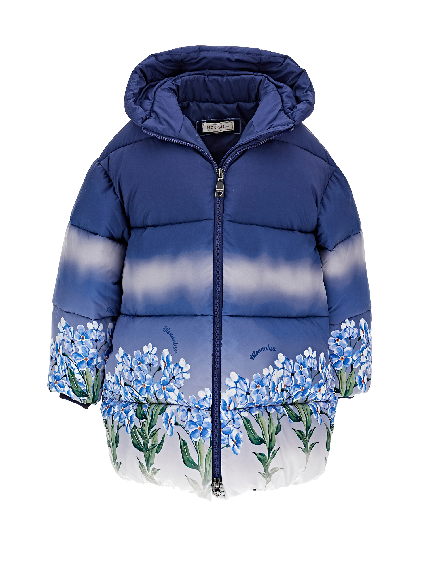 Monnalisa Graduated Down Coat With Flowers In Blue + Cream