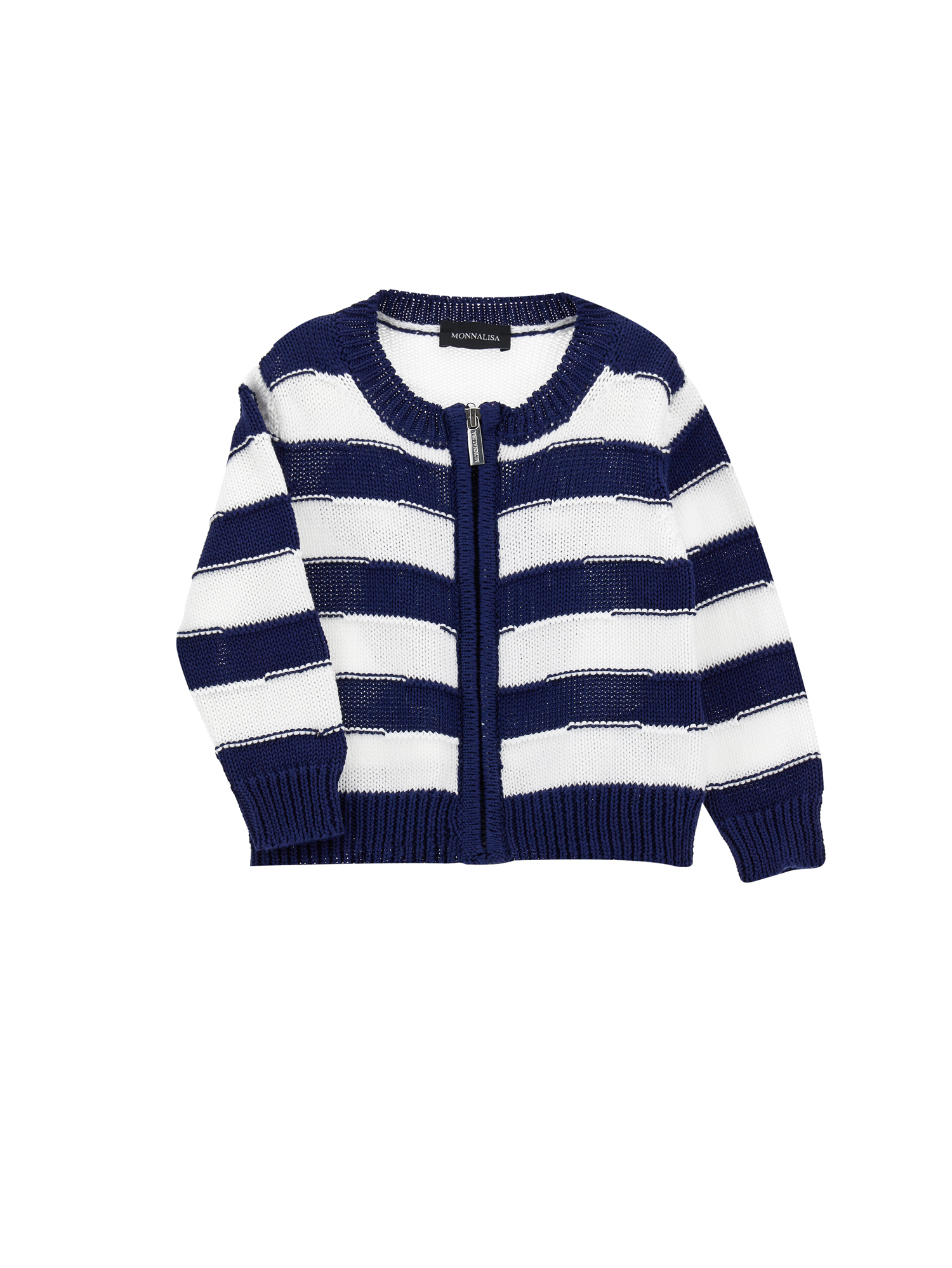 Monnalisa Striped Cotton Cardigan In White + Blue