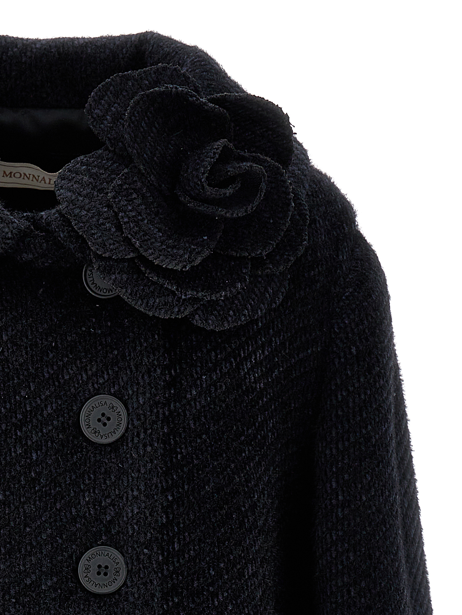 Monnalisa Double-breasted Flower Coat In Black