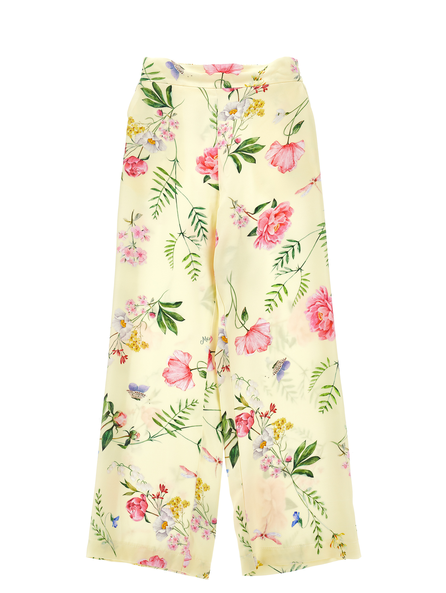 Monnalisa Botanical Satin Trousers In Light Yellow + Multicolour