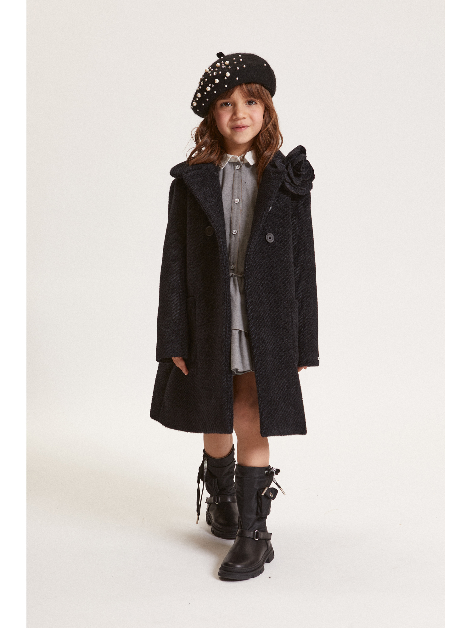 Monnalisa Double-breasted Flower Coat In Black