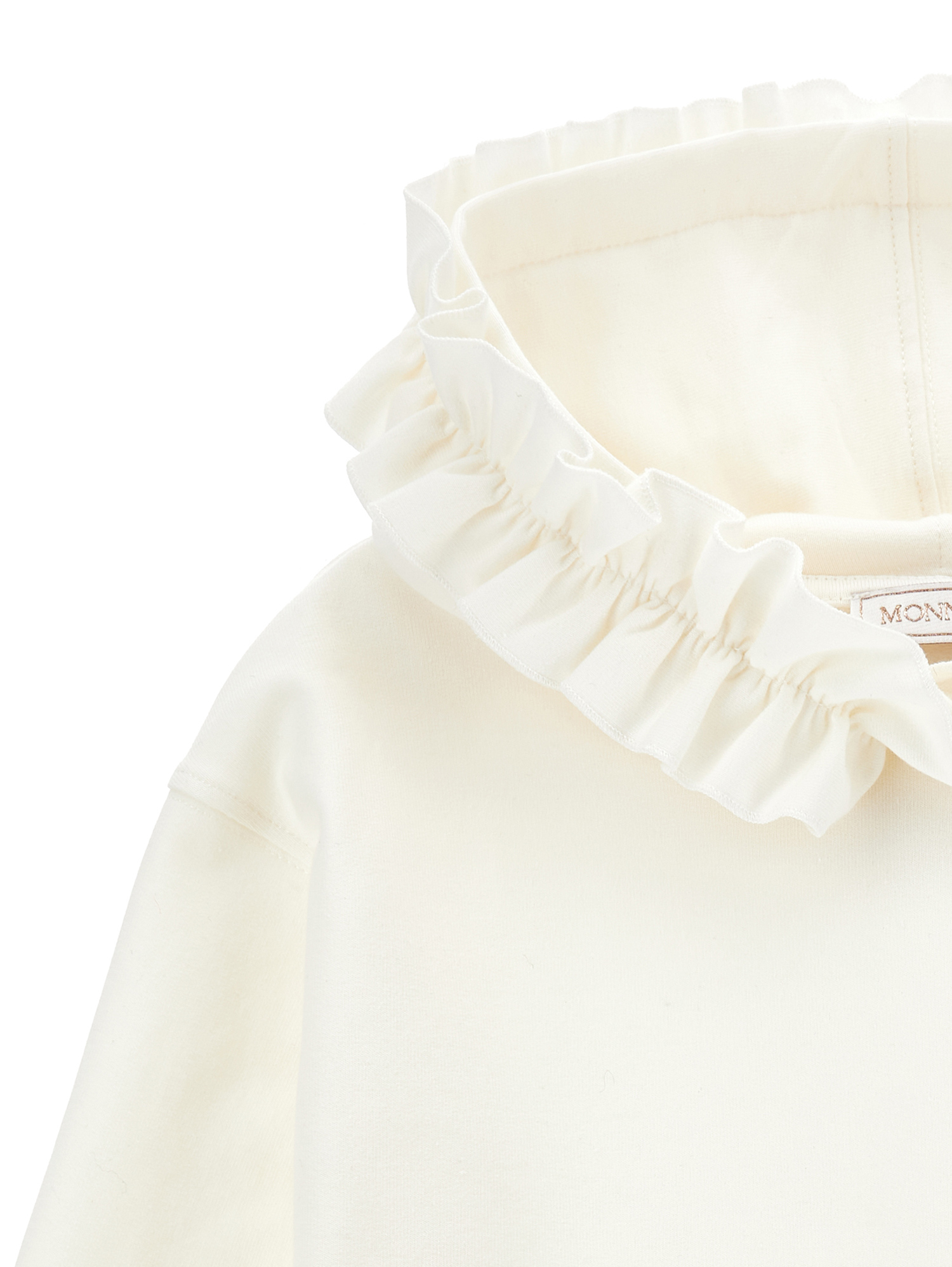 Monnalisa Cotton Sweatshirt With Ruffles And Rhinestones In Cream