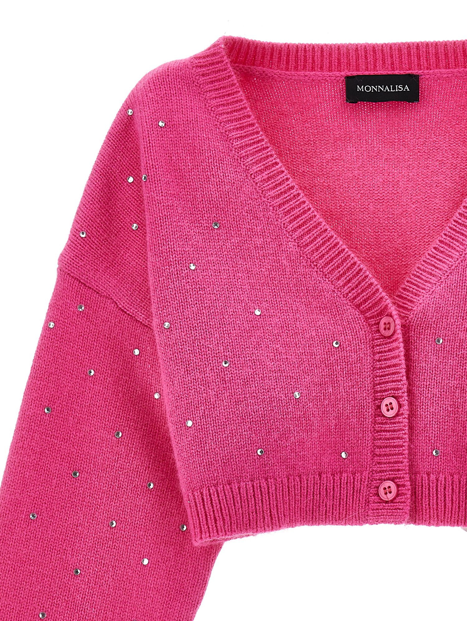 Monnalisa Cropped All-over Rhinestone Cardigan In Fuchsia