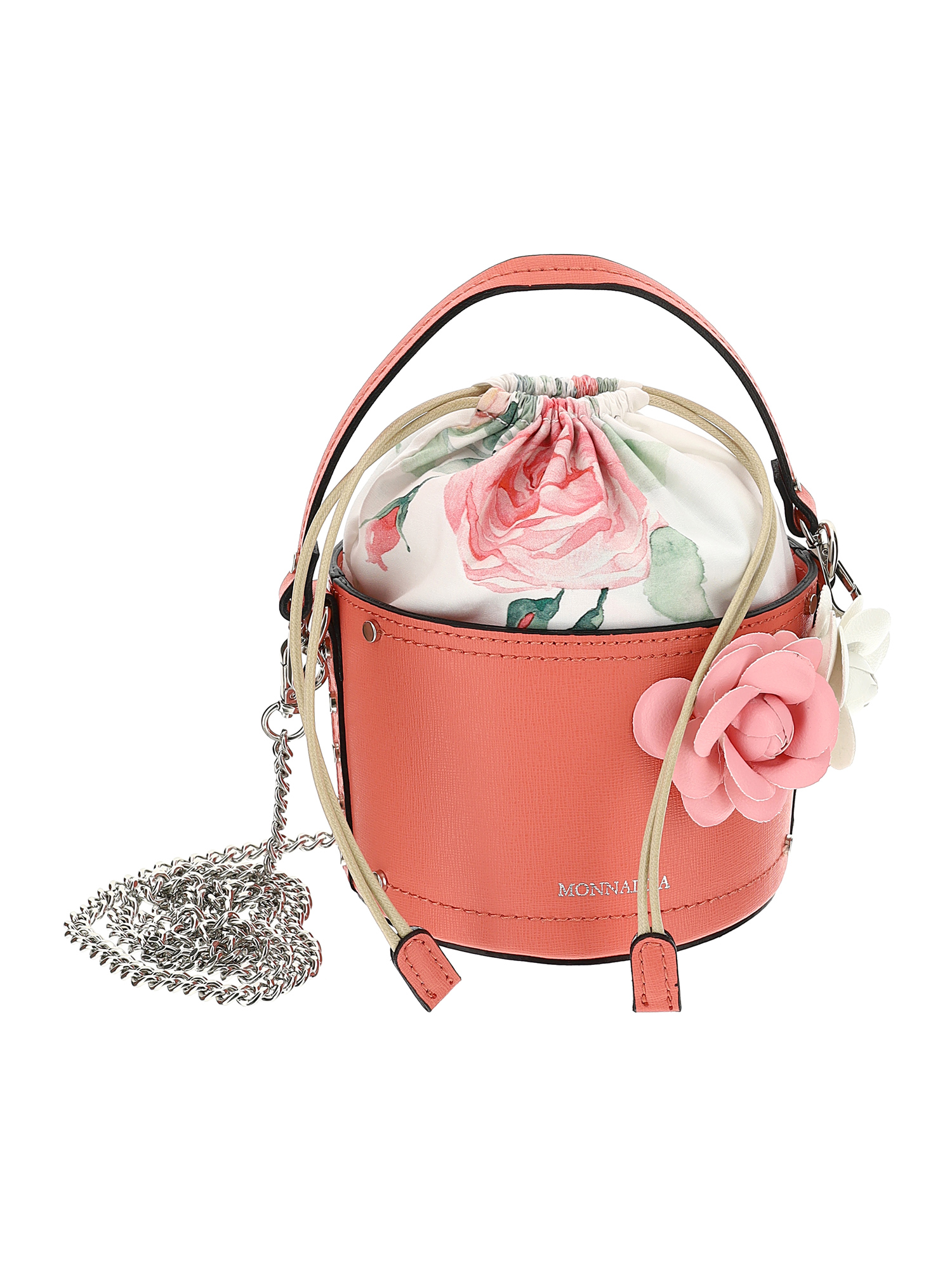 Monnalisa Floral Embroidered Leather Bucket Bag In Rosa Fairy Tale