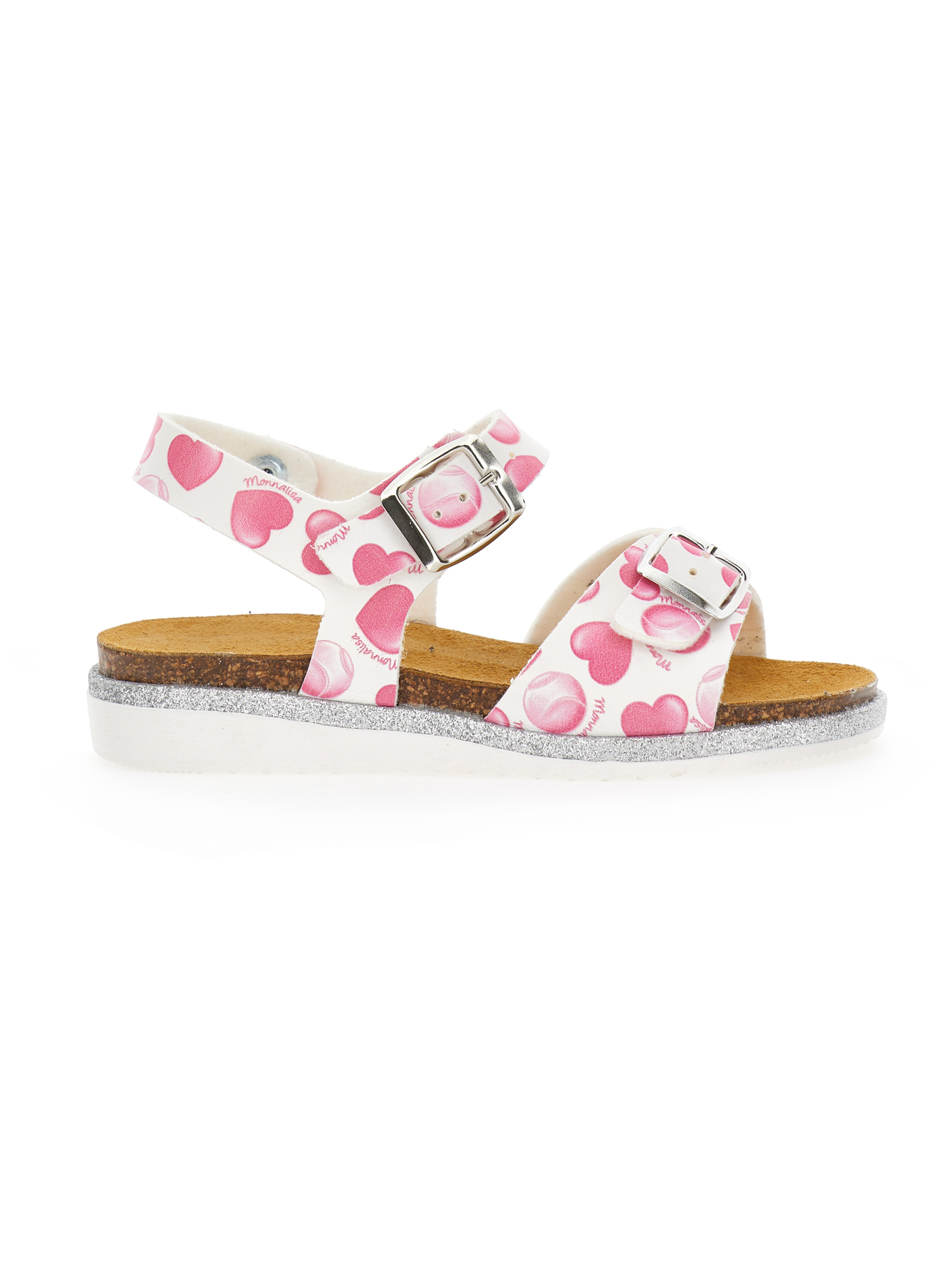 Monnalisa Sandal With Heart Print In White + Cherry Red