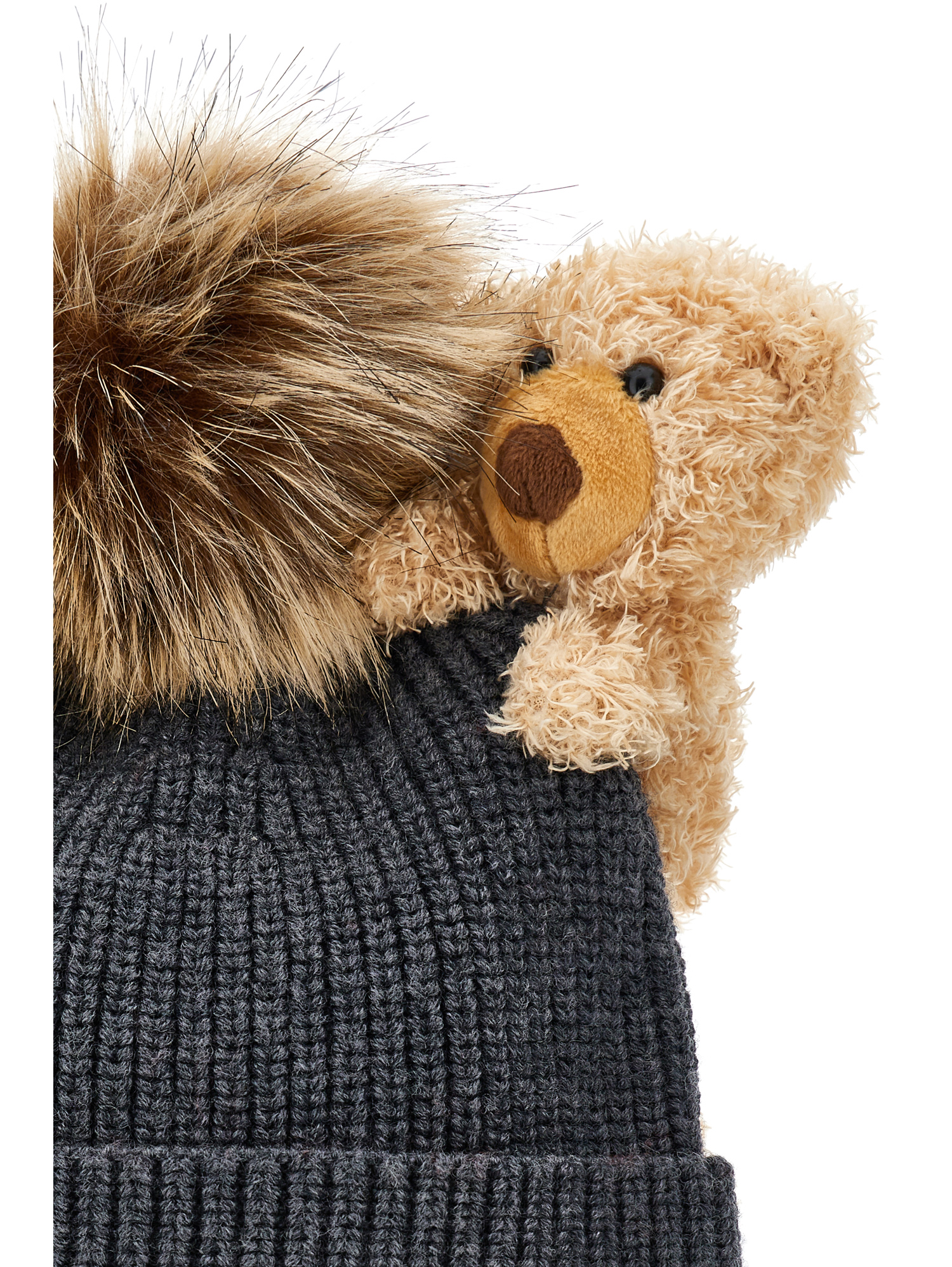 Monnalisa Knitted Hat With Pompom And Teddy Bear In Black