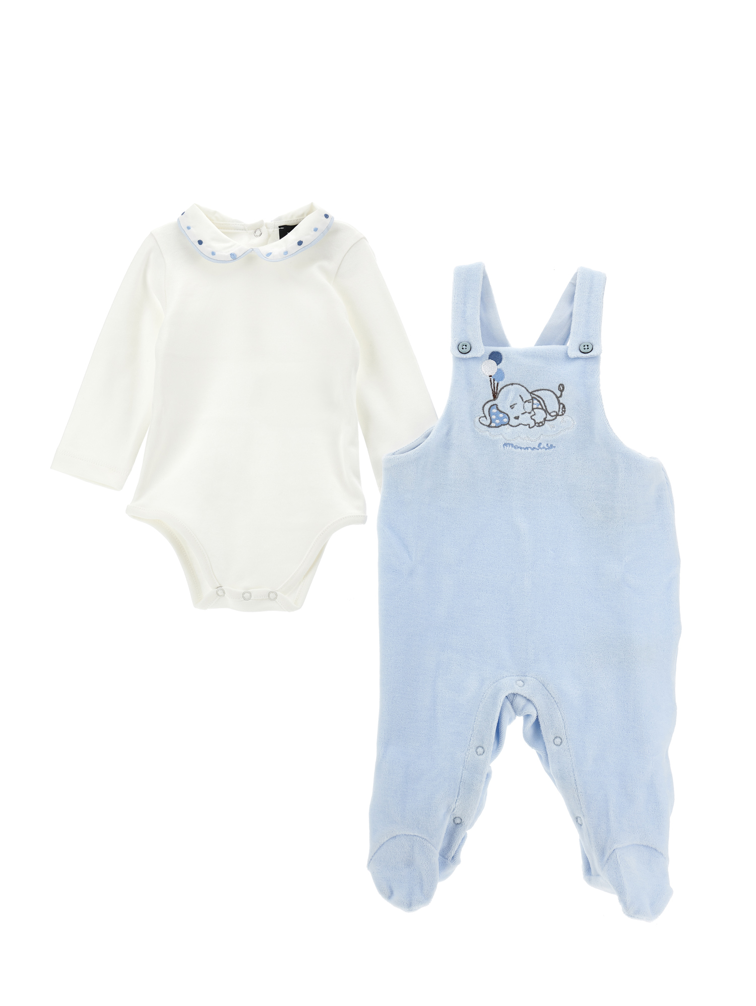 Monnalisa Cotton Chenille Dungarees Set In Cream White + Sky Blue