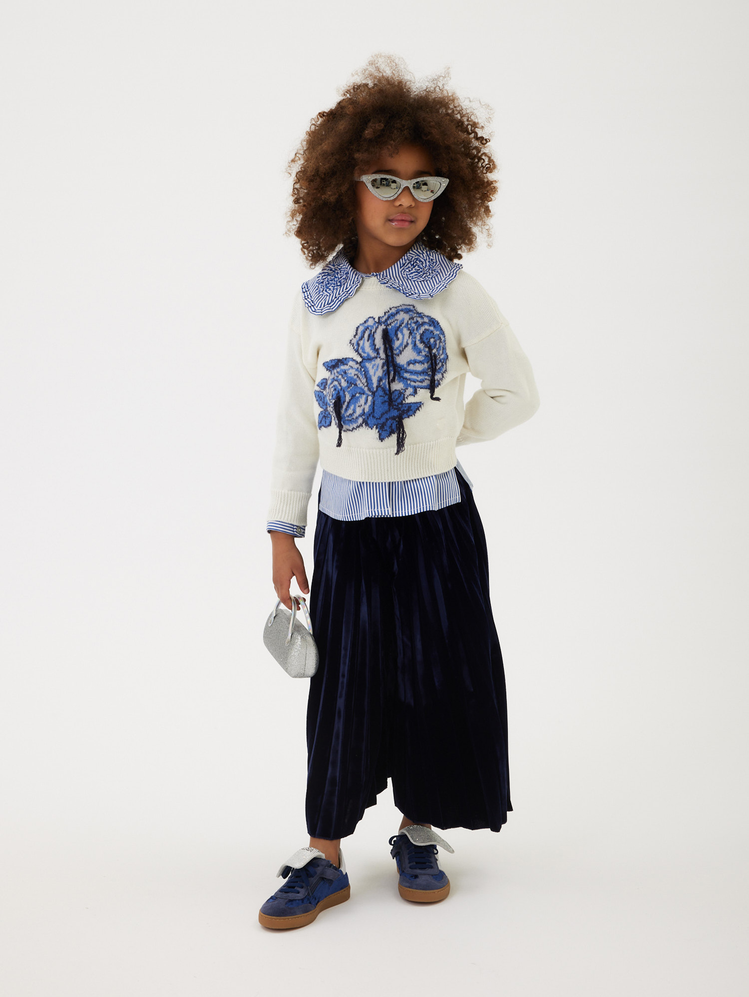 Monnalisa Cotton And Wool Sweater With Rose Inlay In Cream + Navy Blue