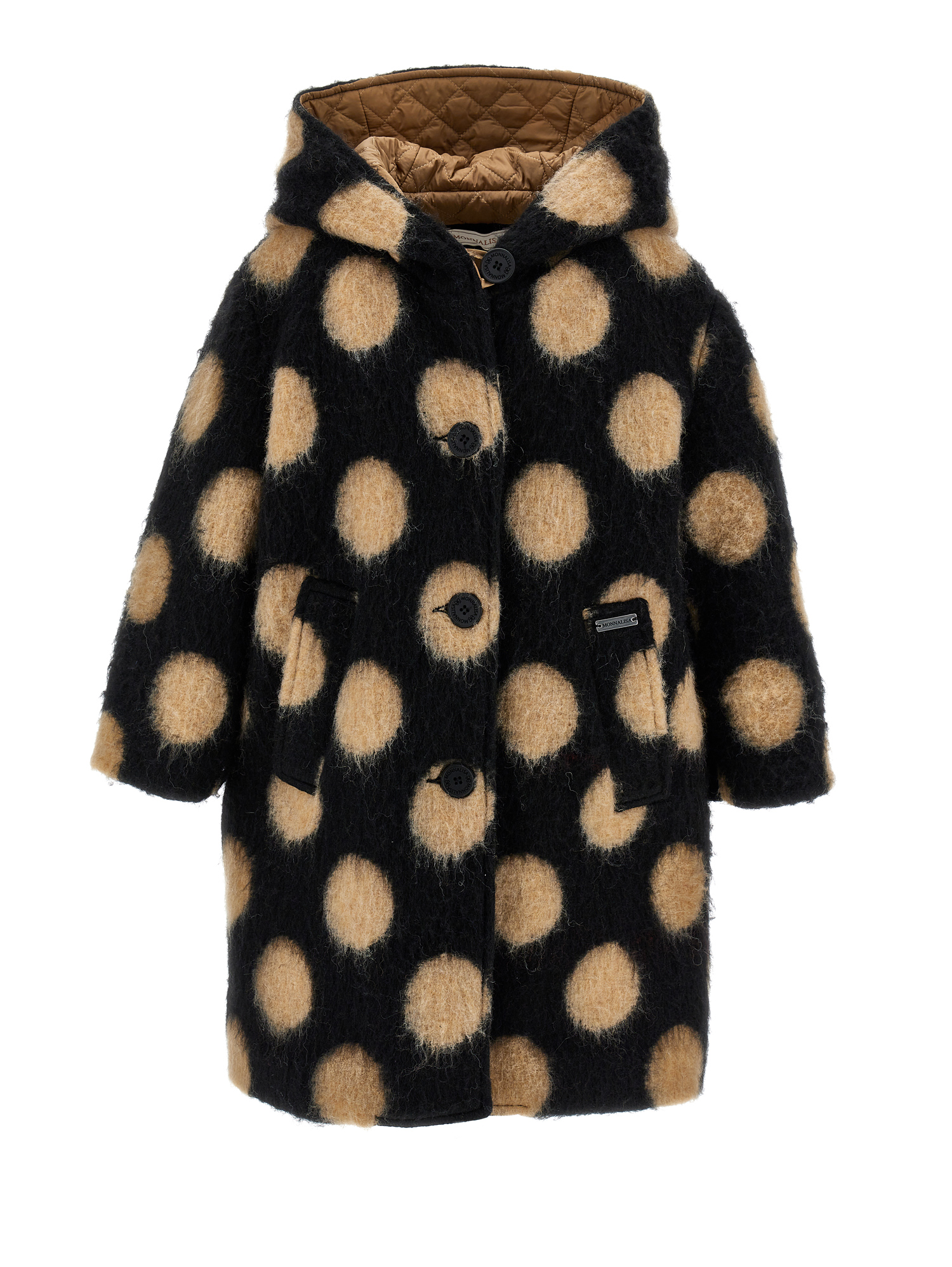 Monnalisa Polka Dot Boiled Wool Coat In Black + Beige