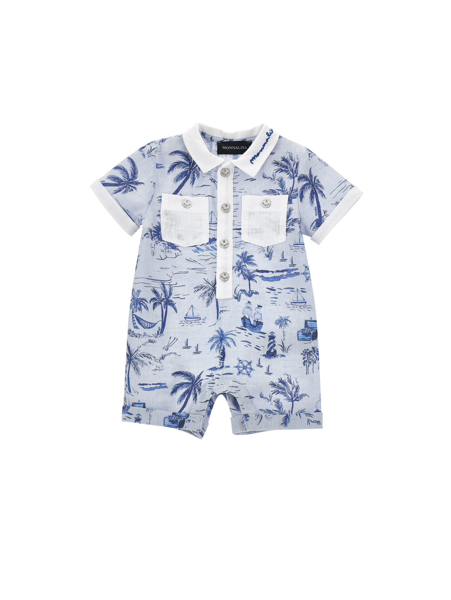 Monnalisa Babies'   Cloth Romper With Collar In Blue