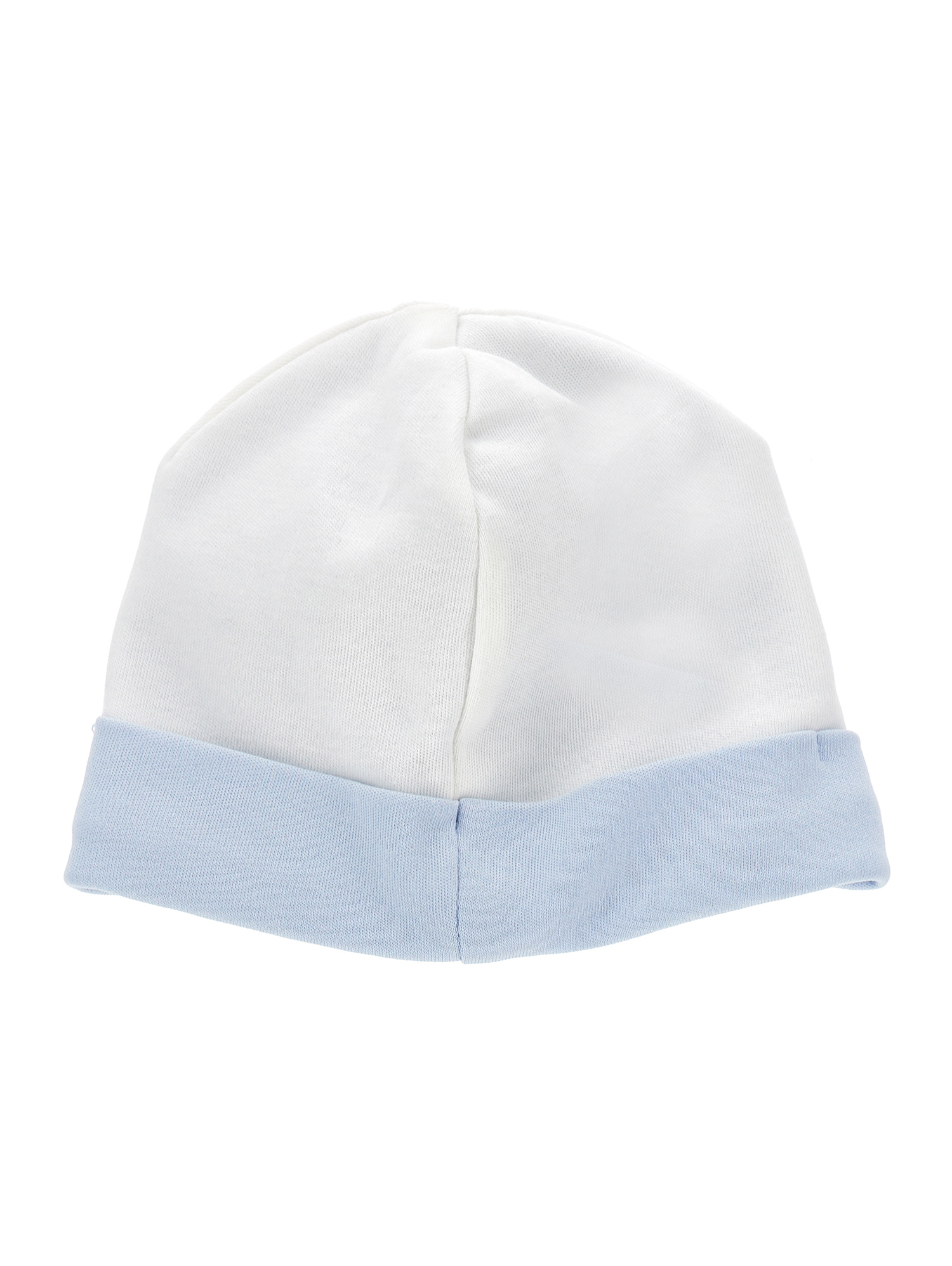 Monnalisa Cotton Bonnet With Logoed Brim In Cream White + Sky Blue