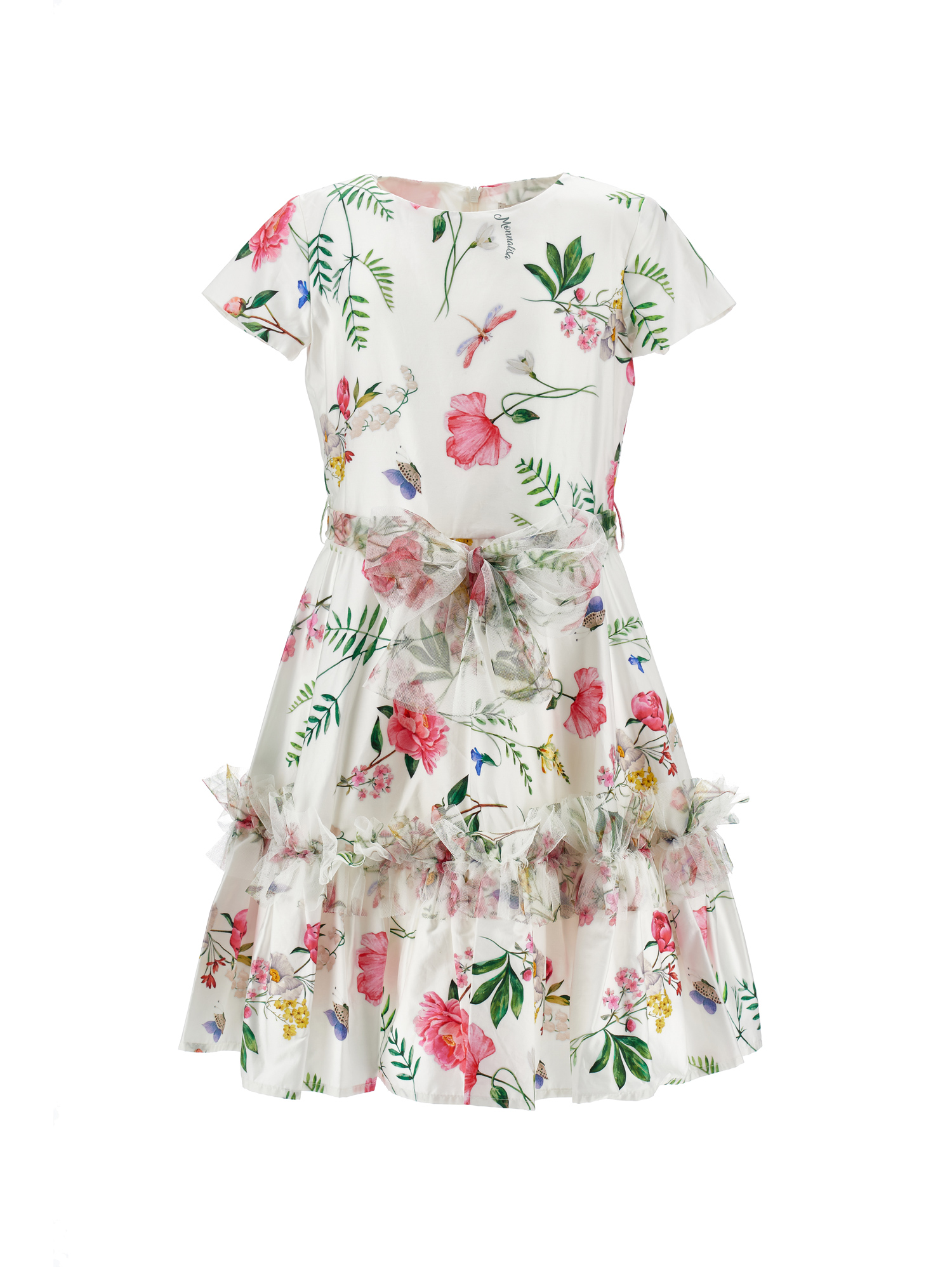Monnalisa Floral Flared Mini Dress In Cream + Multicolor